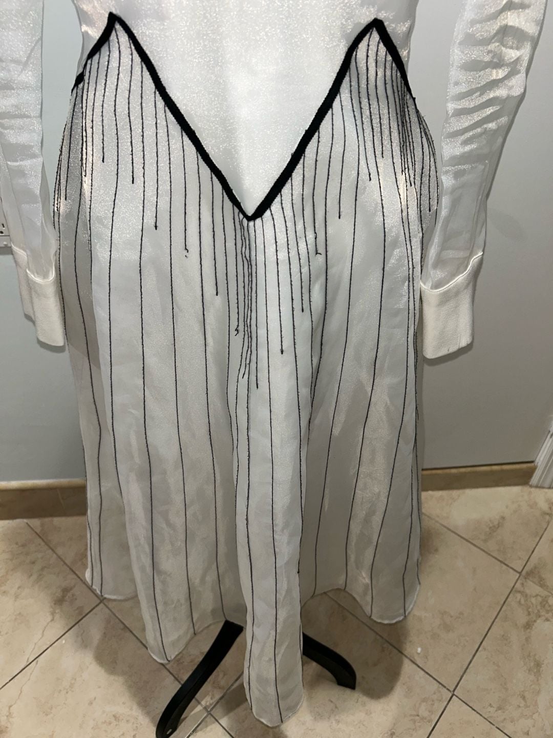 Vintage Long Sleeve Maxi Dress White Black Trim 7