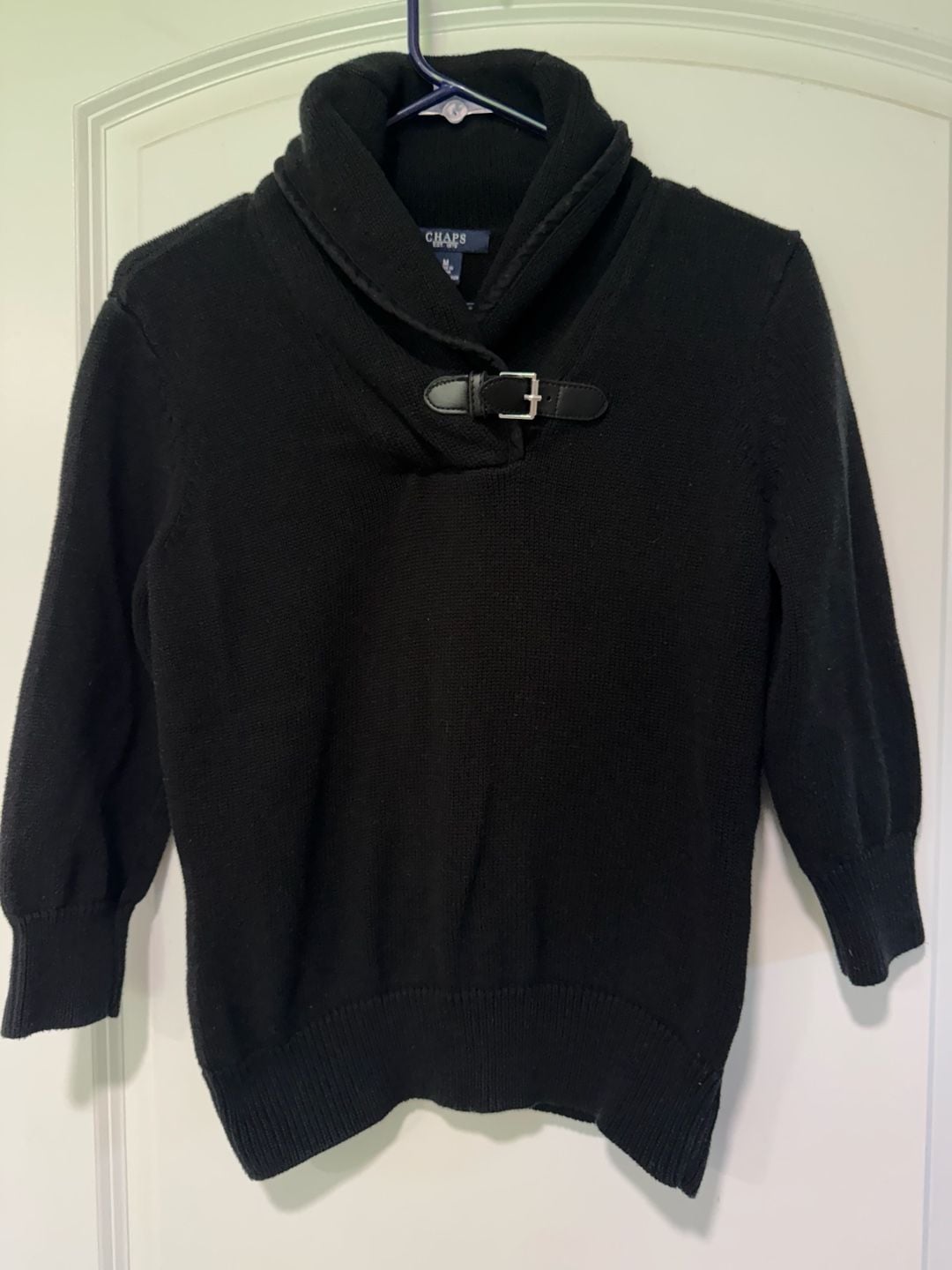 Black Shawl Collar Sweater Buckle Neck Preppy Old Money Women's Size M
2