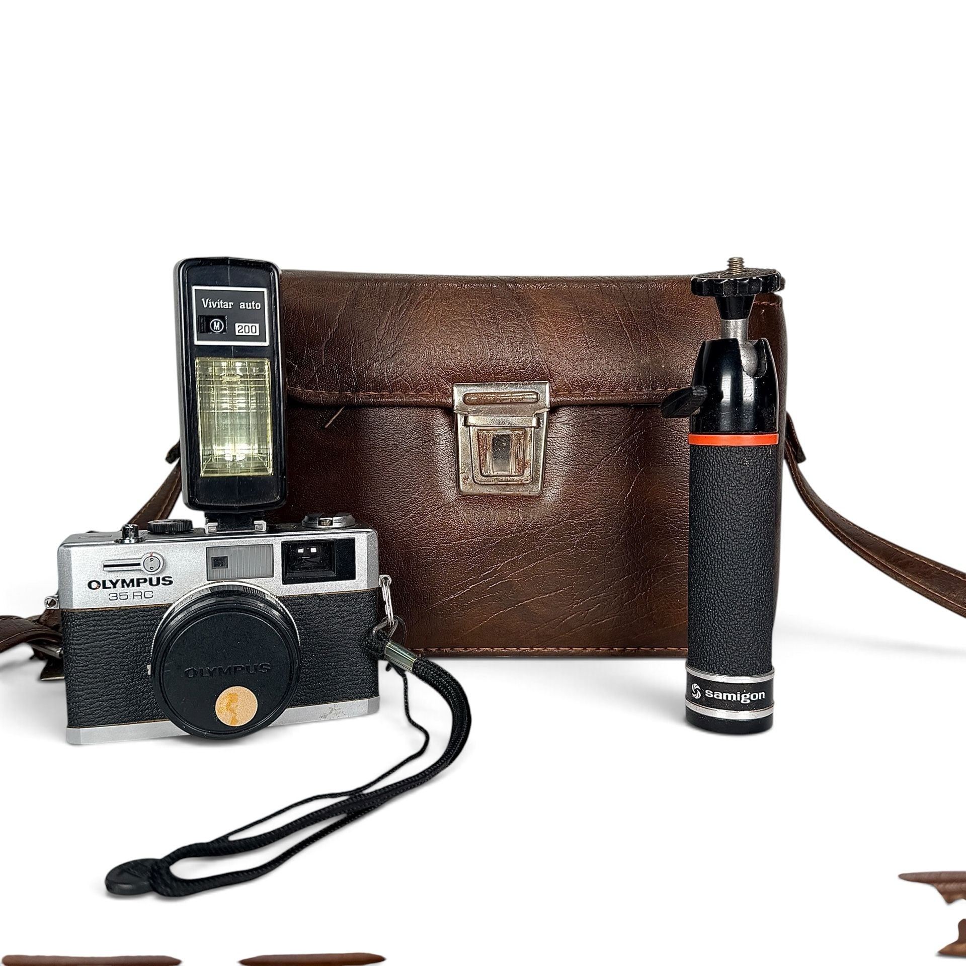 Olympus 35 RC 35mm Rangefinder Film Camera Kit w/ Vivitar Flash Samigon Grip 1