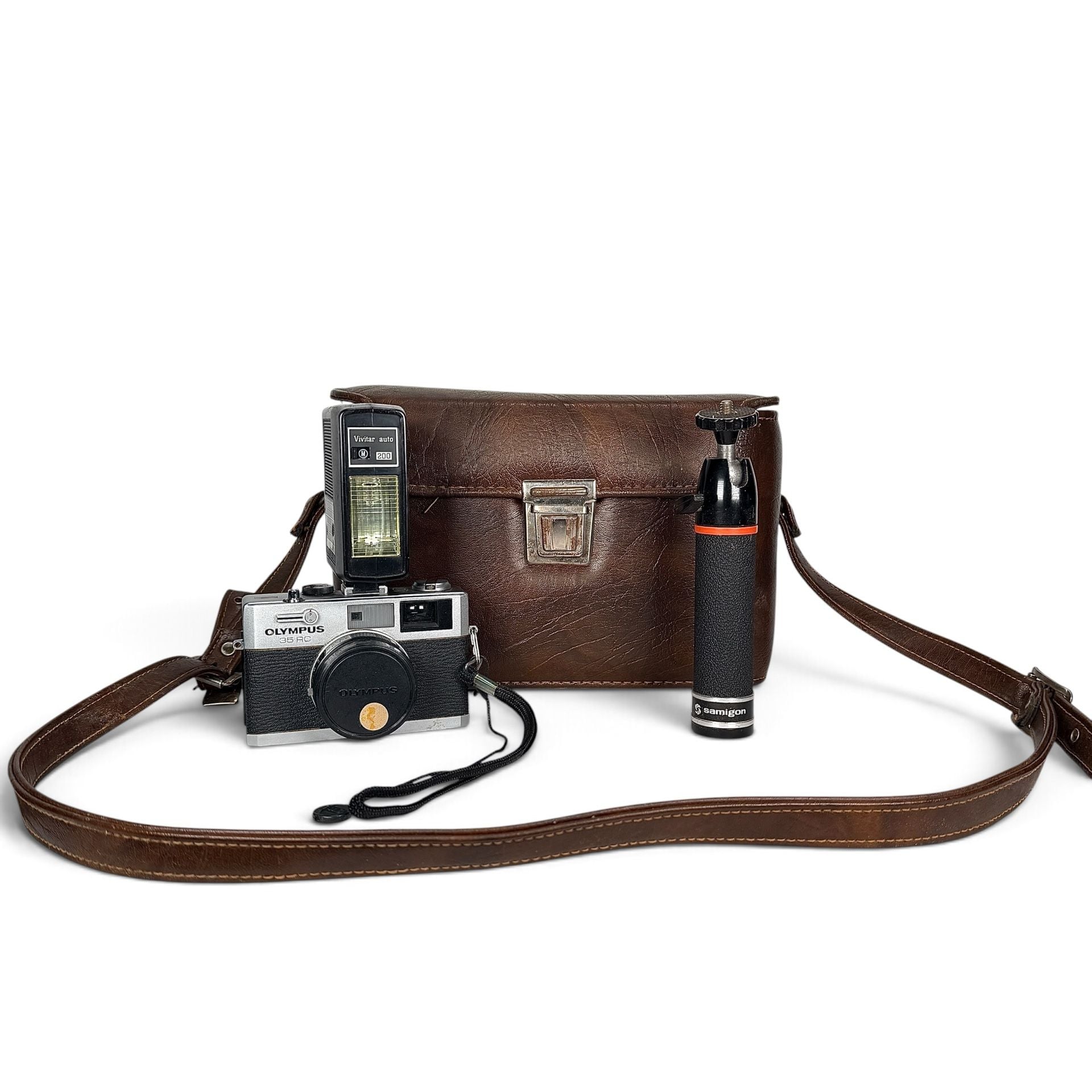 Olympus 35 RC 35mm Rangefinder Film Camera Kit w/ Vivitar Flash Samigon Grip 2