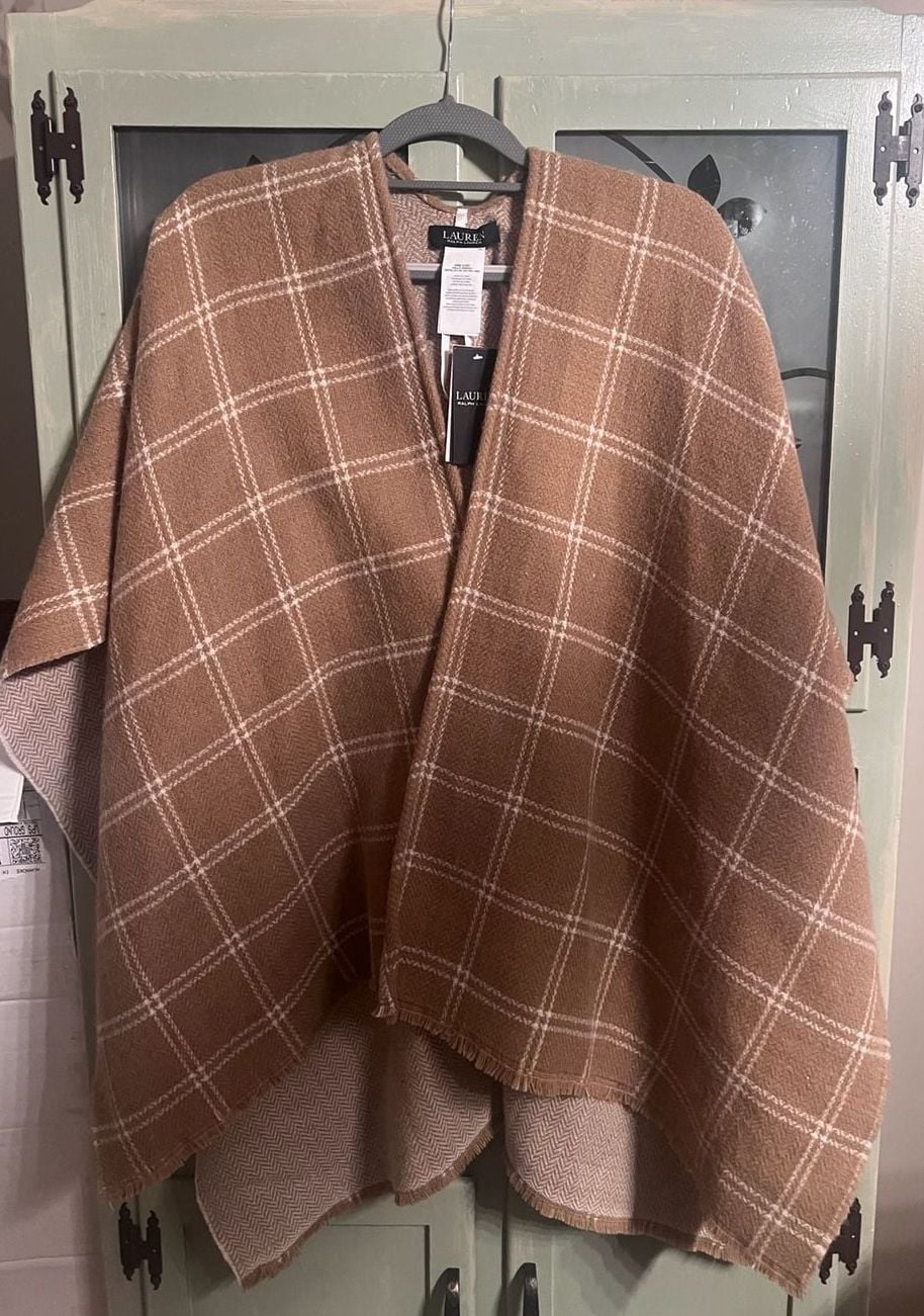 Lauren Ralph Lauren Plaid Poncho One Size Brown Open Front Wrap 3