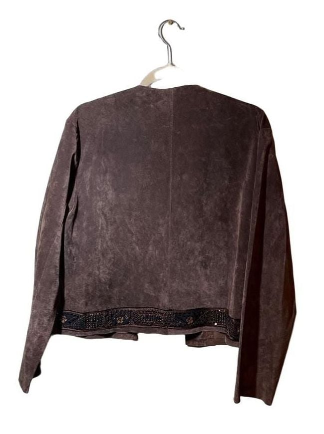 Chico's Suede Embellished Jacket Size 2 Brown Leather Beaded Open Front 3