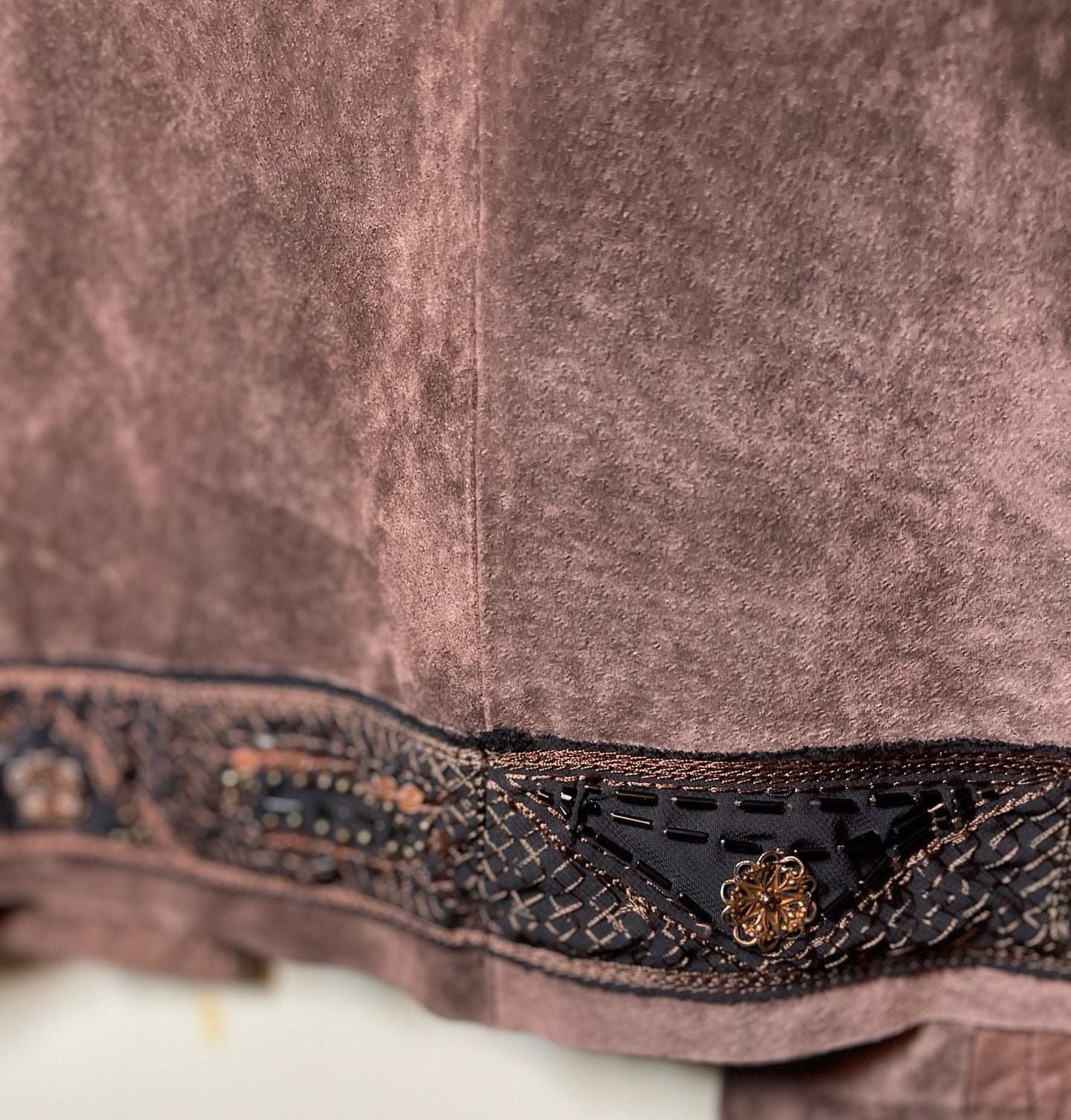 Chico's Suede Embellished Jacket Size 2 Brown Leather Beaded Open Front 7