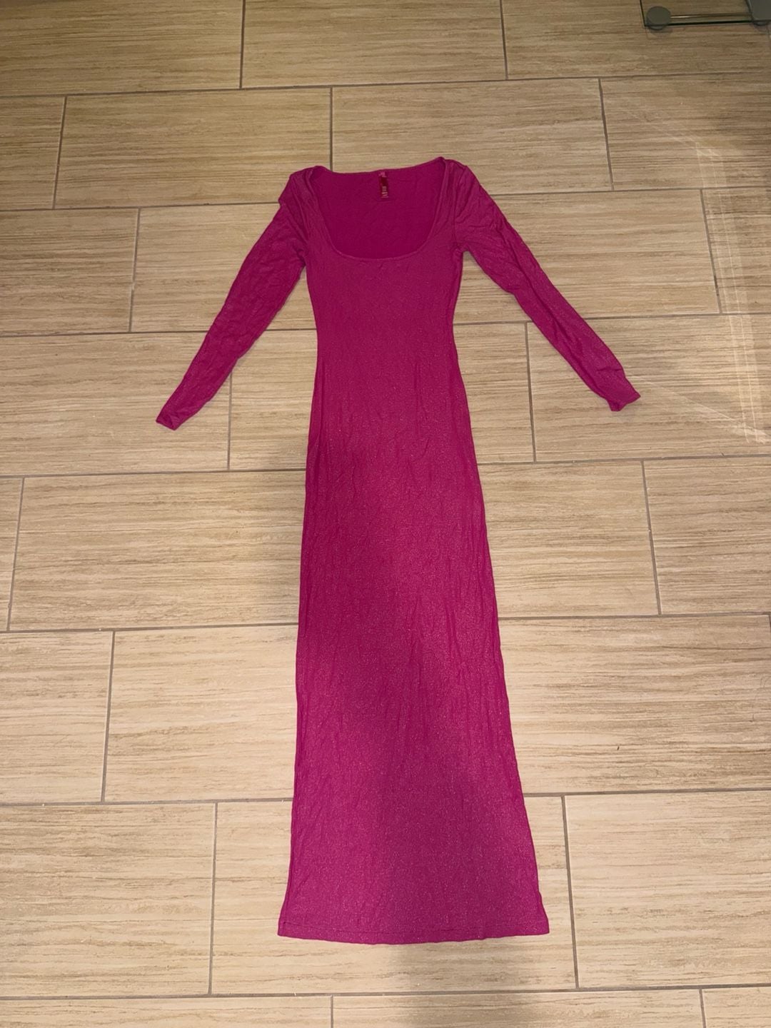 SKIMS Soft Lounge Shimmer Long Sleeve Maxi Dress in Fuchsia Foil L 2