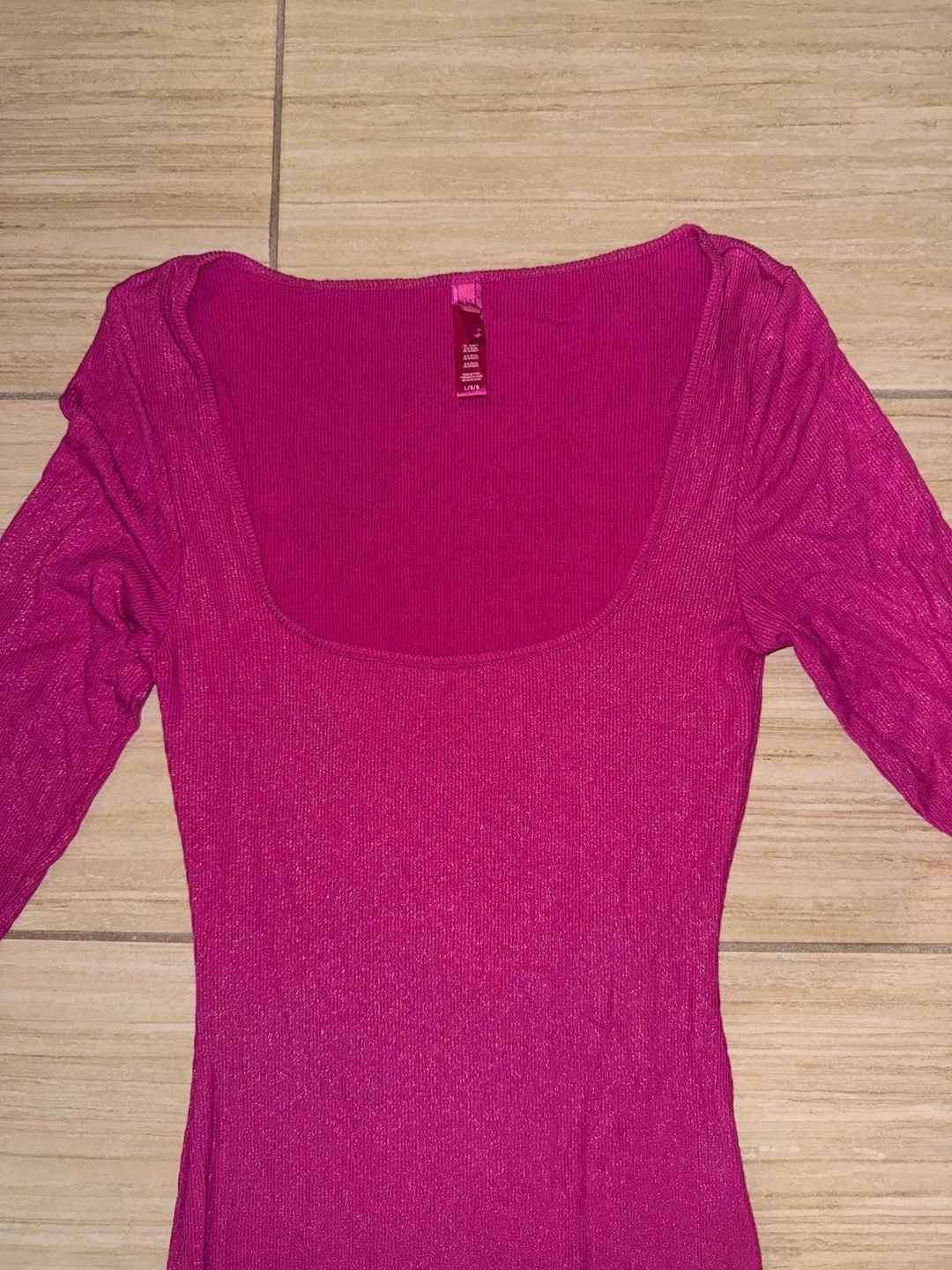 SKIMS Soft Lounge Shimmer Long Sleeve Maxi Dress in Fuchsia Foil L 4