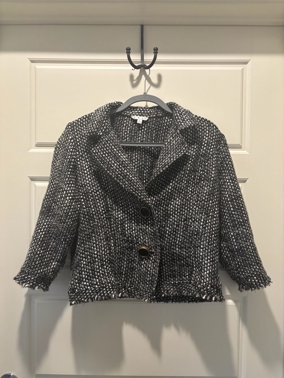 Cabi Tweed Jacket Size L Black White Button Front Blazer 2