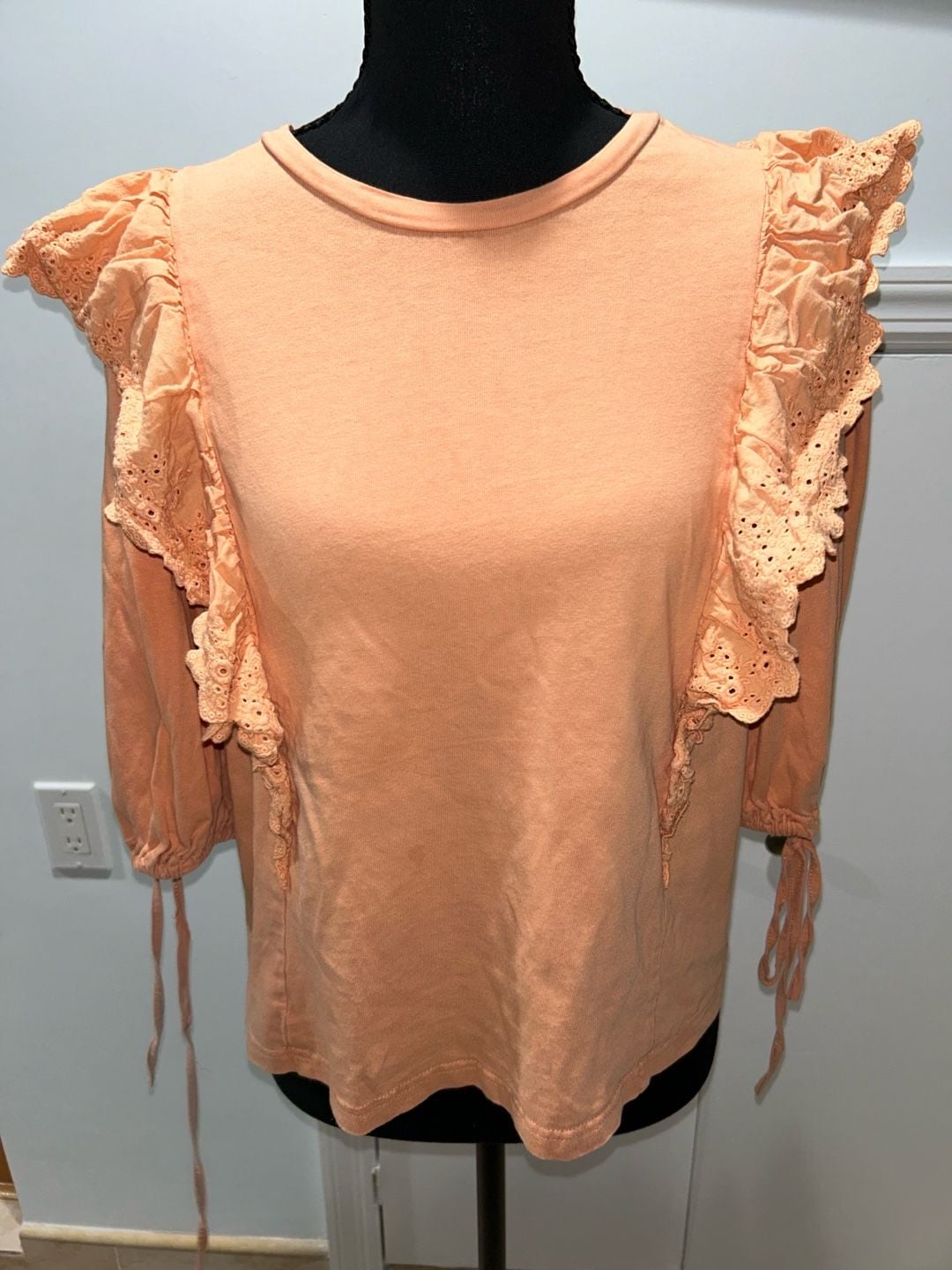 SHEIN Eyelet Ruffle Top Size S Peach Long Sleeve 2
