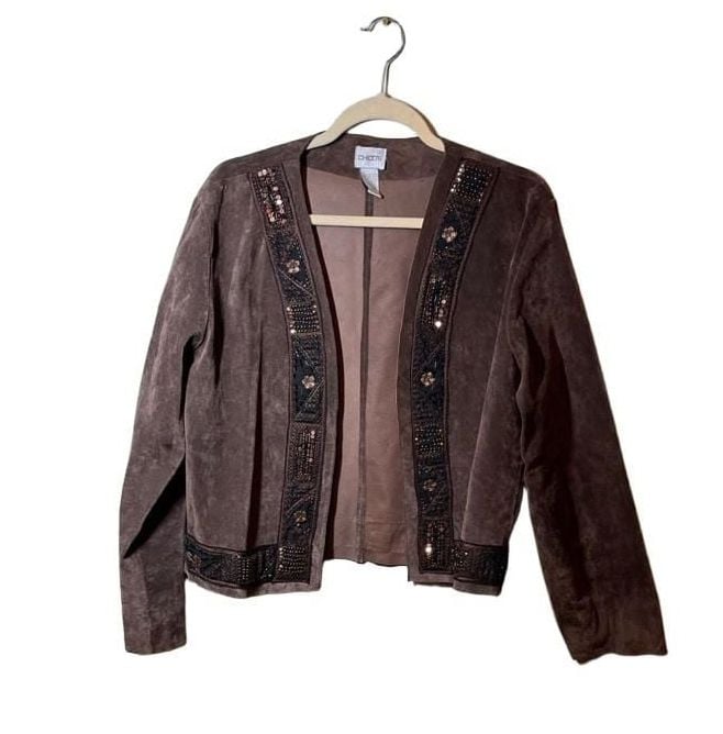 Chico's Suede Embellished Jacket Size 2 Brown Leather Beaded Open Front 2