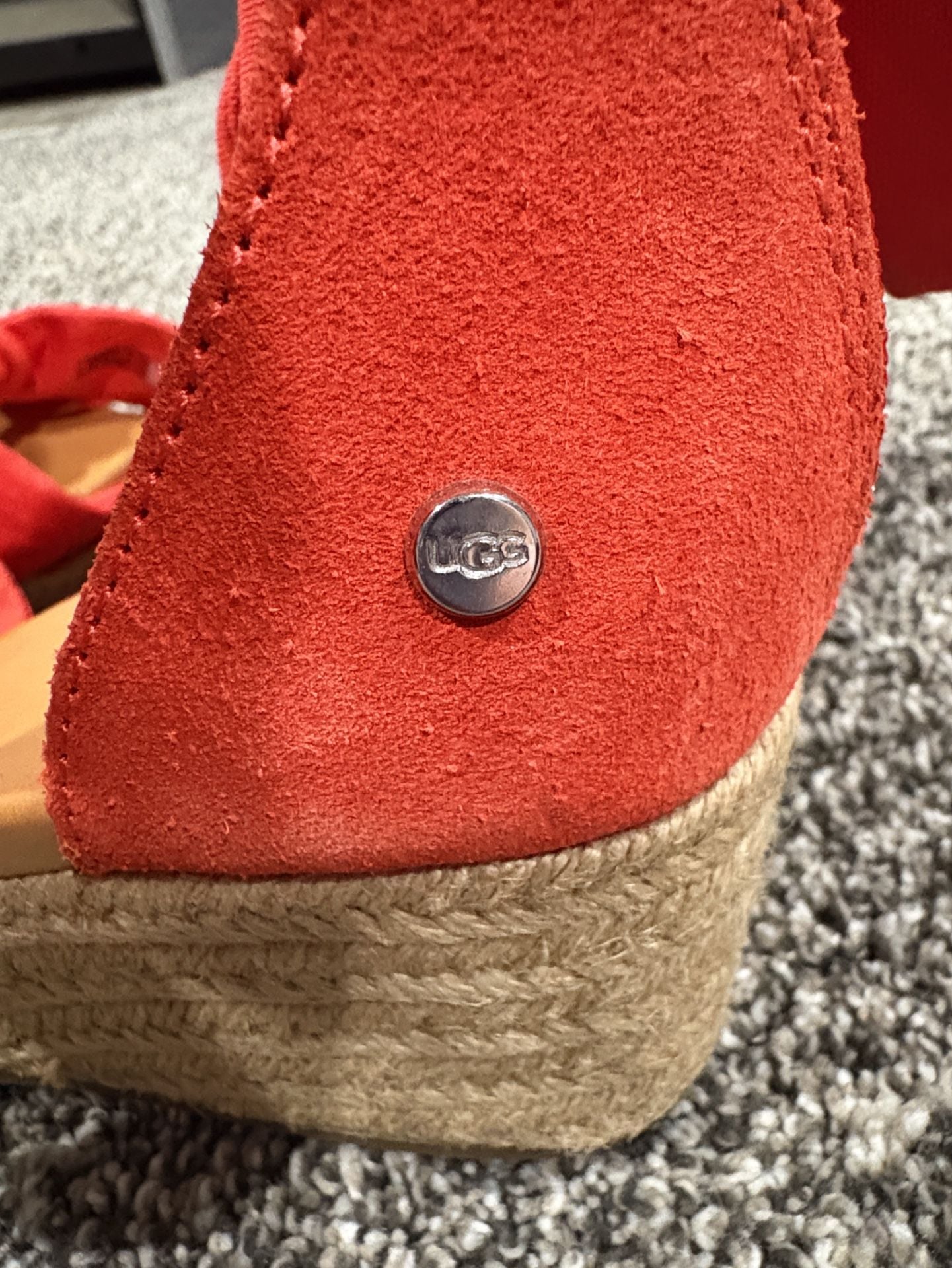 UGG Wedge Espadrille Sandals Size 8.5 Red Canvas Suede Ankle Tie 7