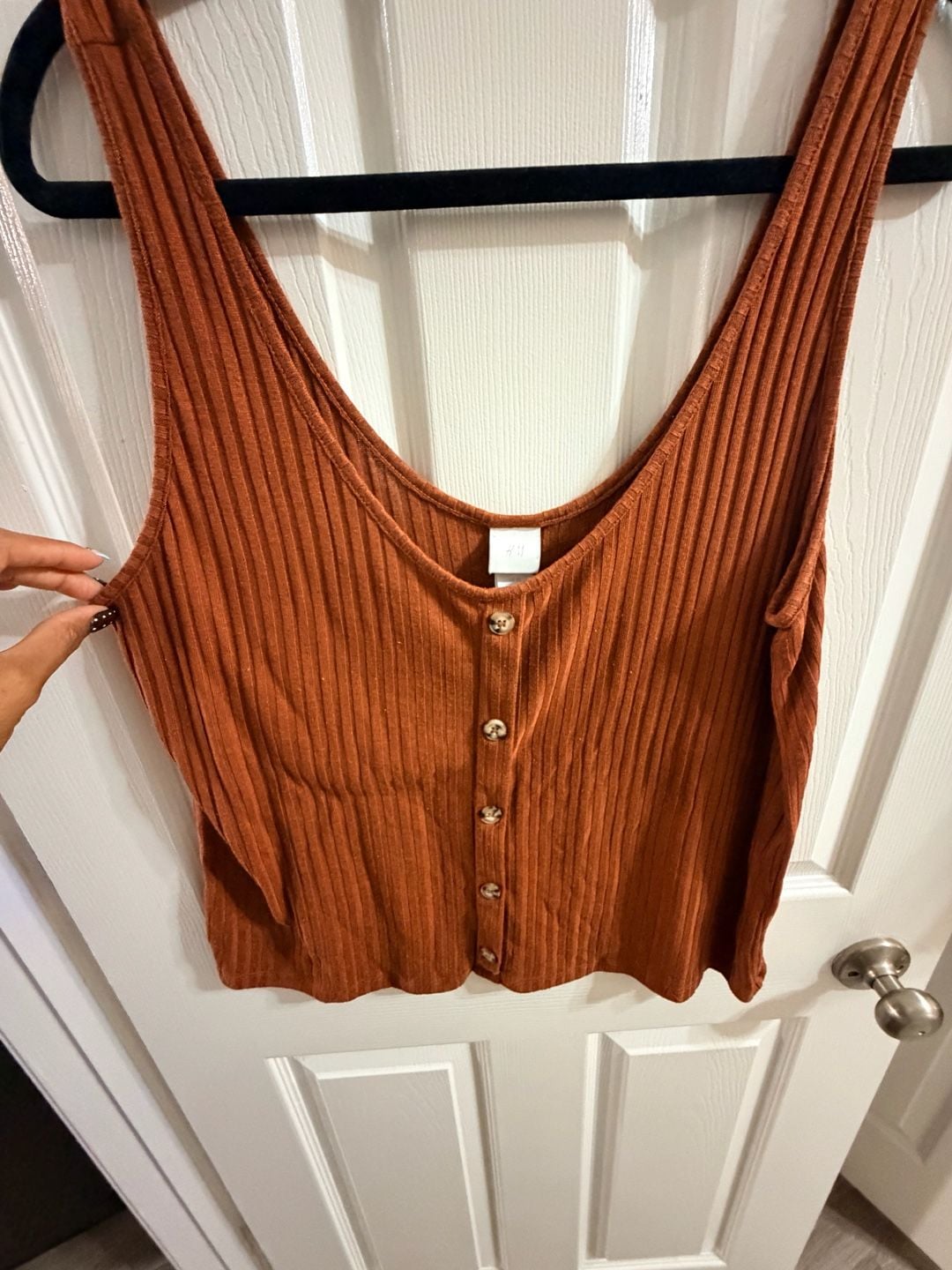 H&M Ribbed Button Tank Top Size L Rust Orange 5
