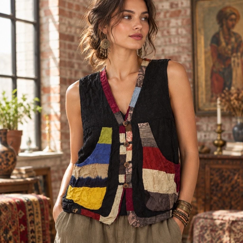 Unbranded Bohemian Patchwork Vest Black Multi Color Silk Brocade 2