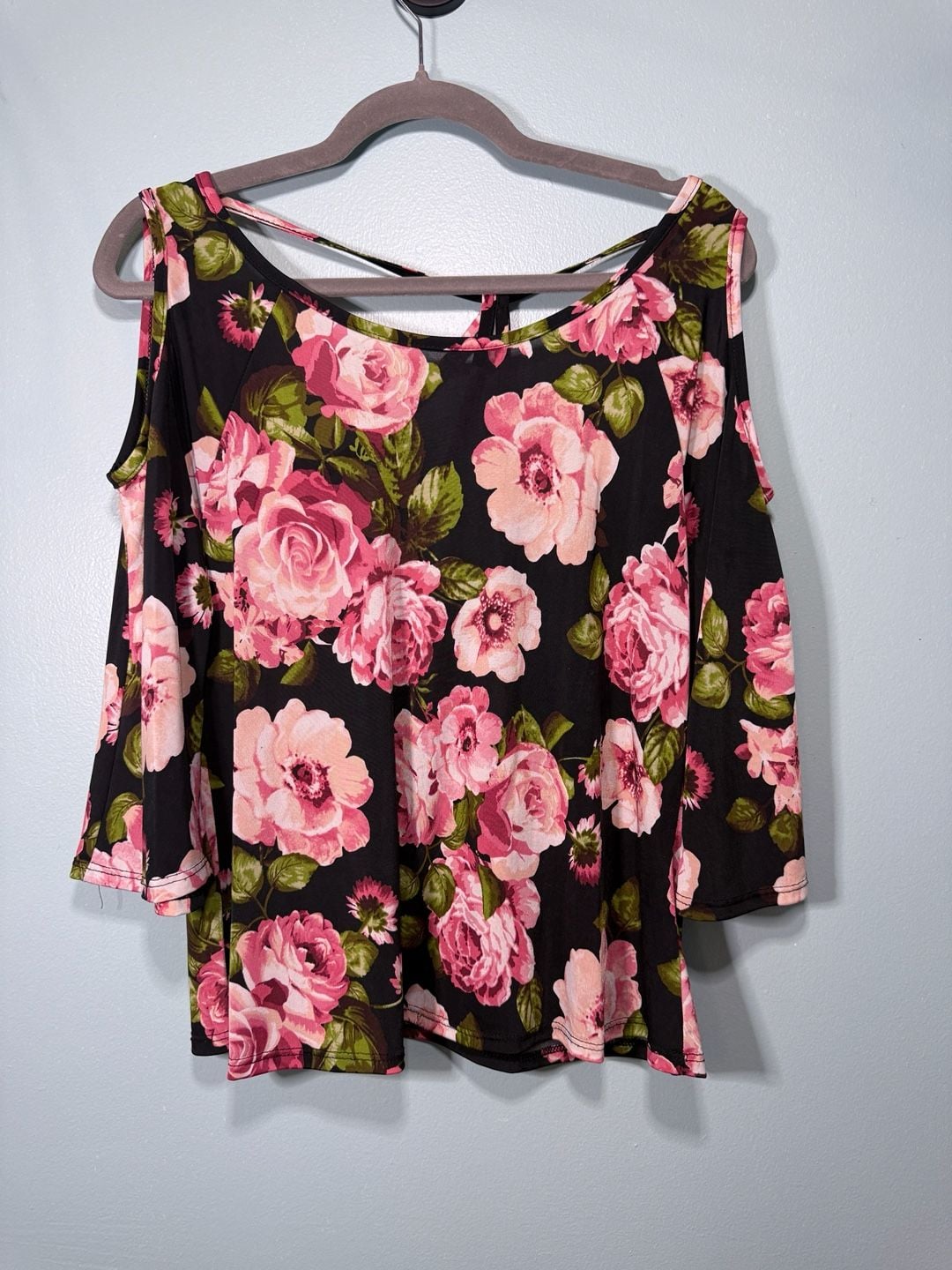 Cold Shoulder Floral Blouse Black Pink Floral 2