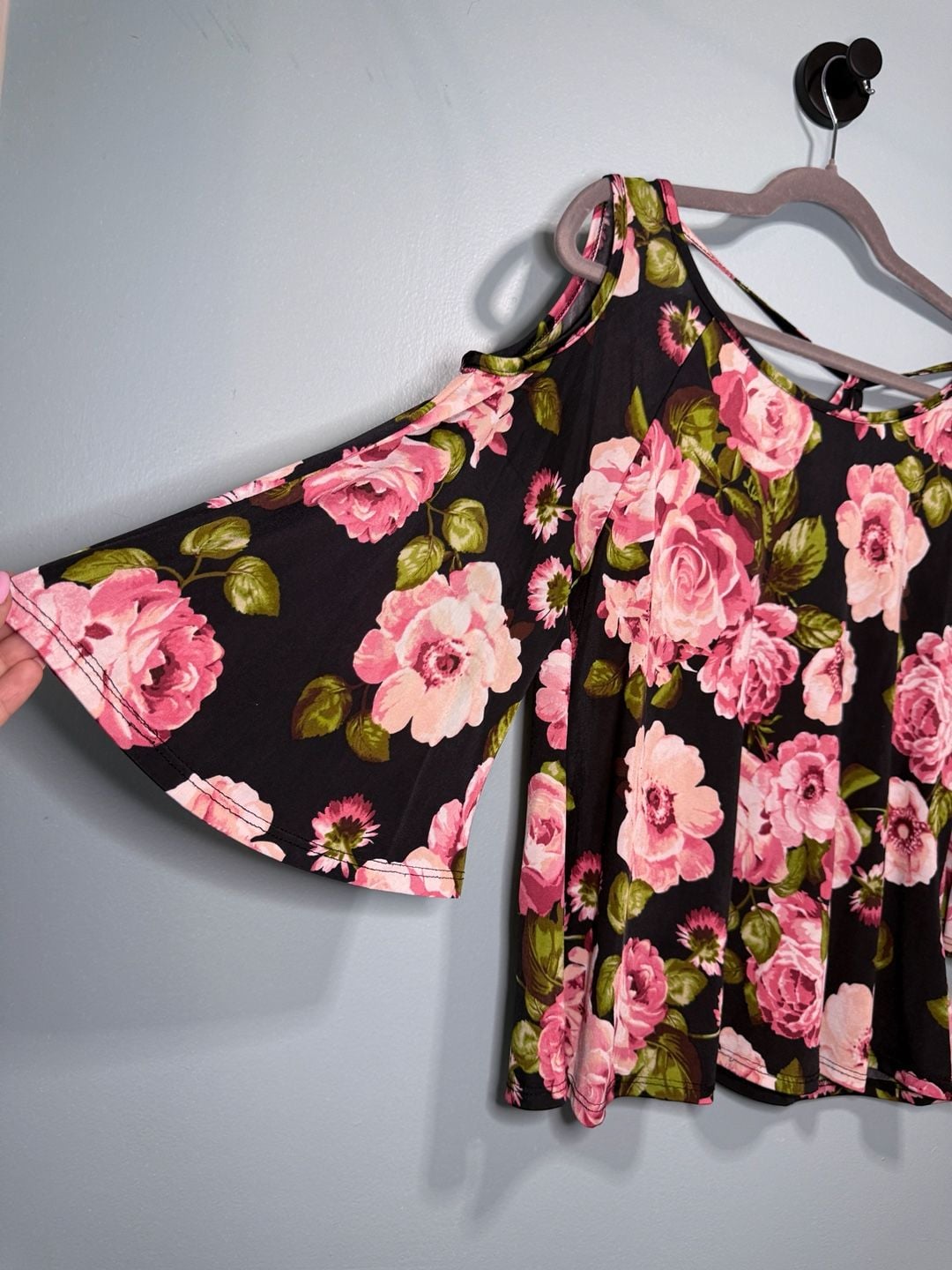 Cold Shoulder Floral Blouse Black Pink Floral 3