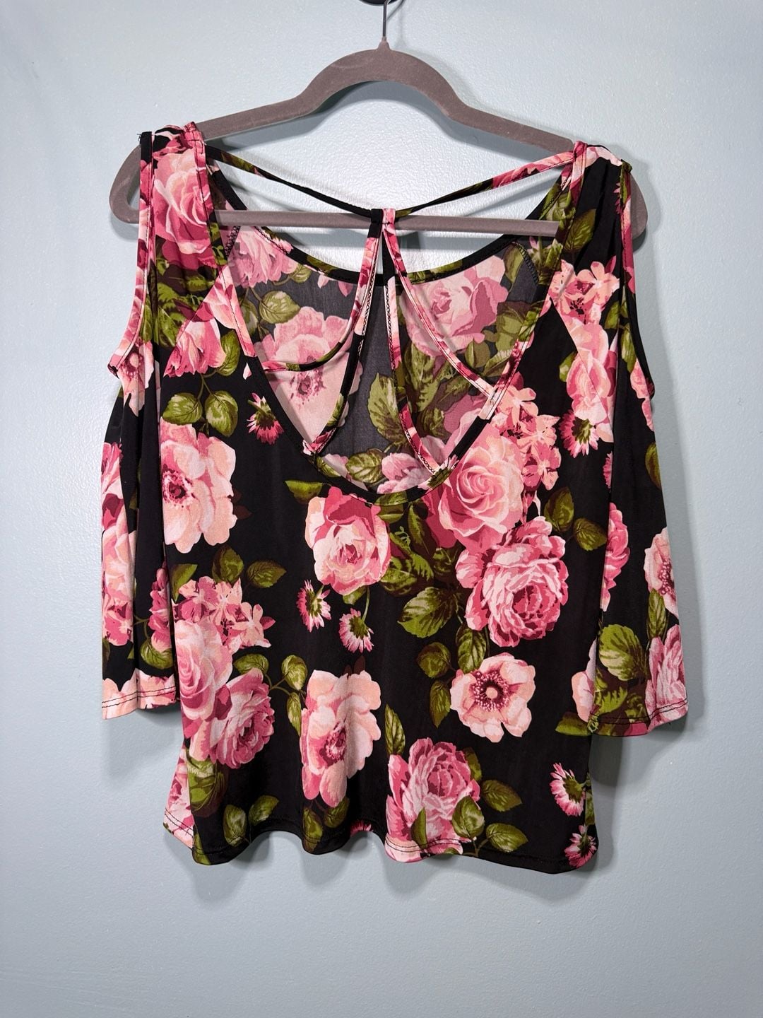 Cold Shoulder Floral Blouse Black Pink Floral 4