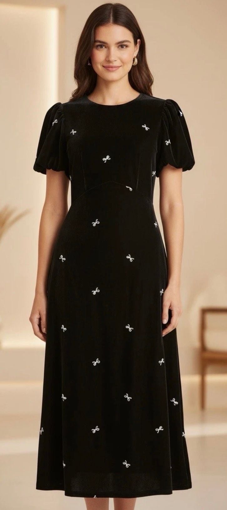 NWT Velvet puff-sleeve midi dress bow size 18 3