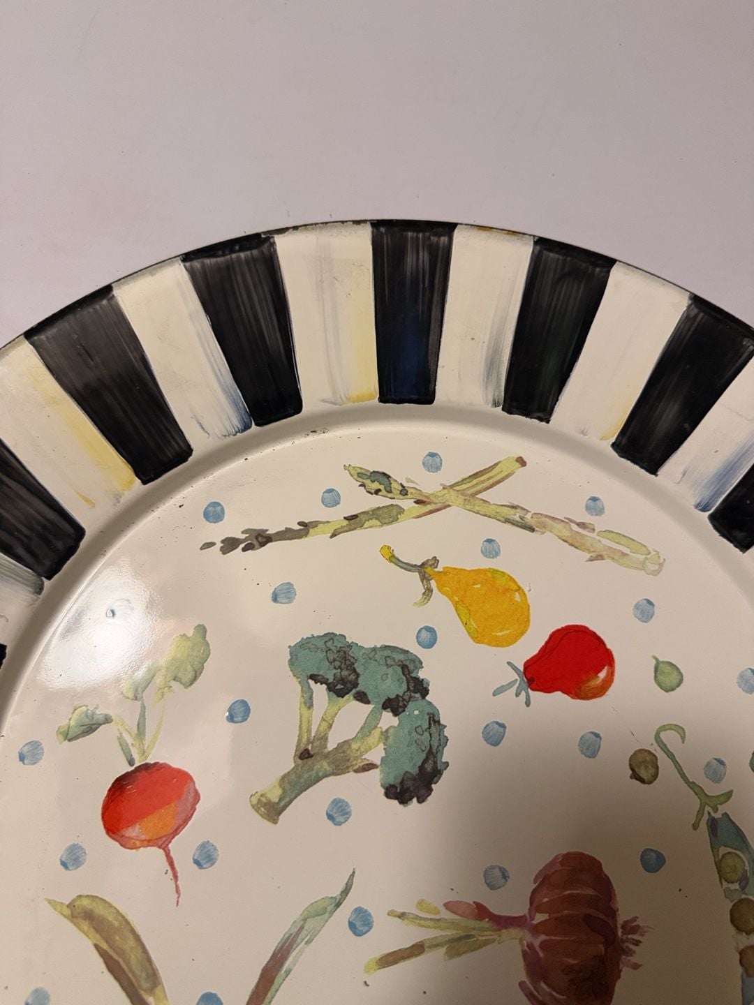 MacKenzie-Childs Enamel Vegetable Serving Charger Plate Black White Stripe 7