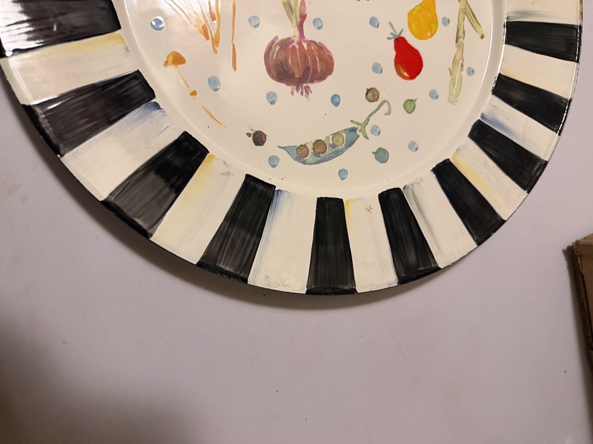 MacKenzie-Childs Enamel Vegetable Serving Charger Plate Black White Stripe 13