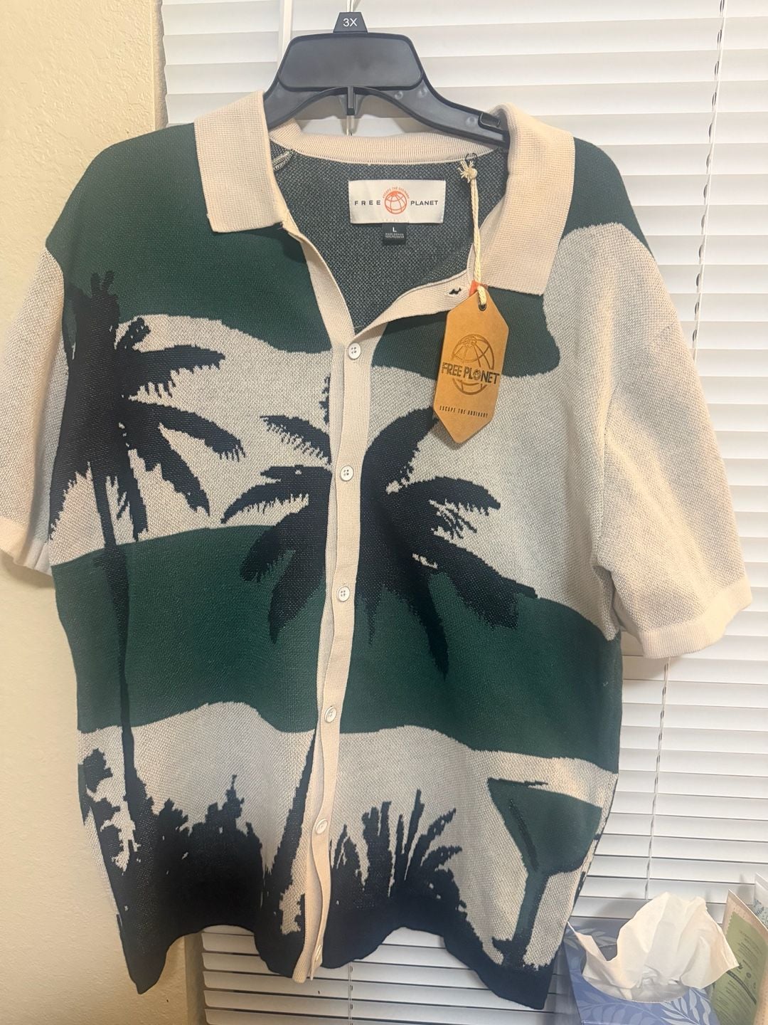 NWT Knit Palm Tree Print Short Sleeve Polo Shirt Green Cream 3