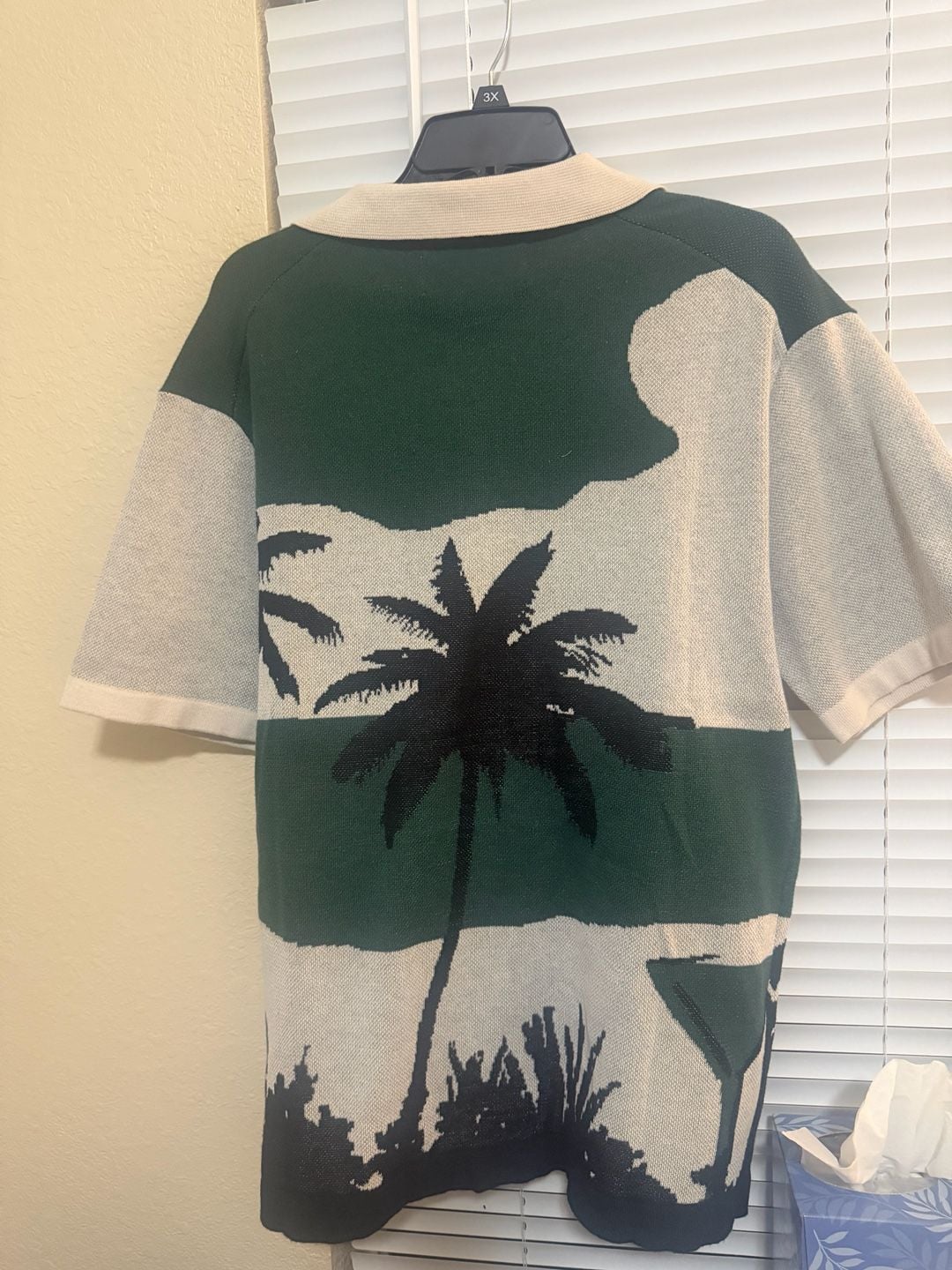 NWT Knit Palm Tree Print Short Sleeve Polo Shirt Green Cream 7