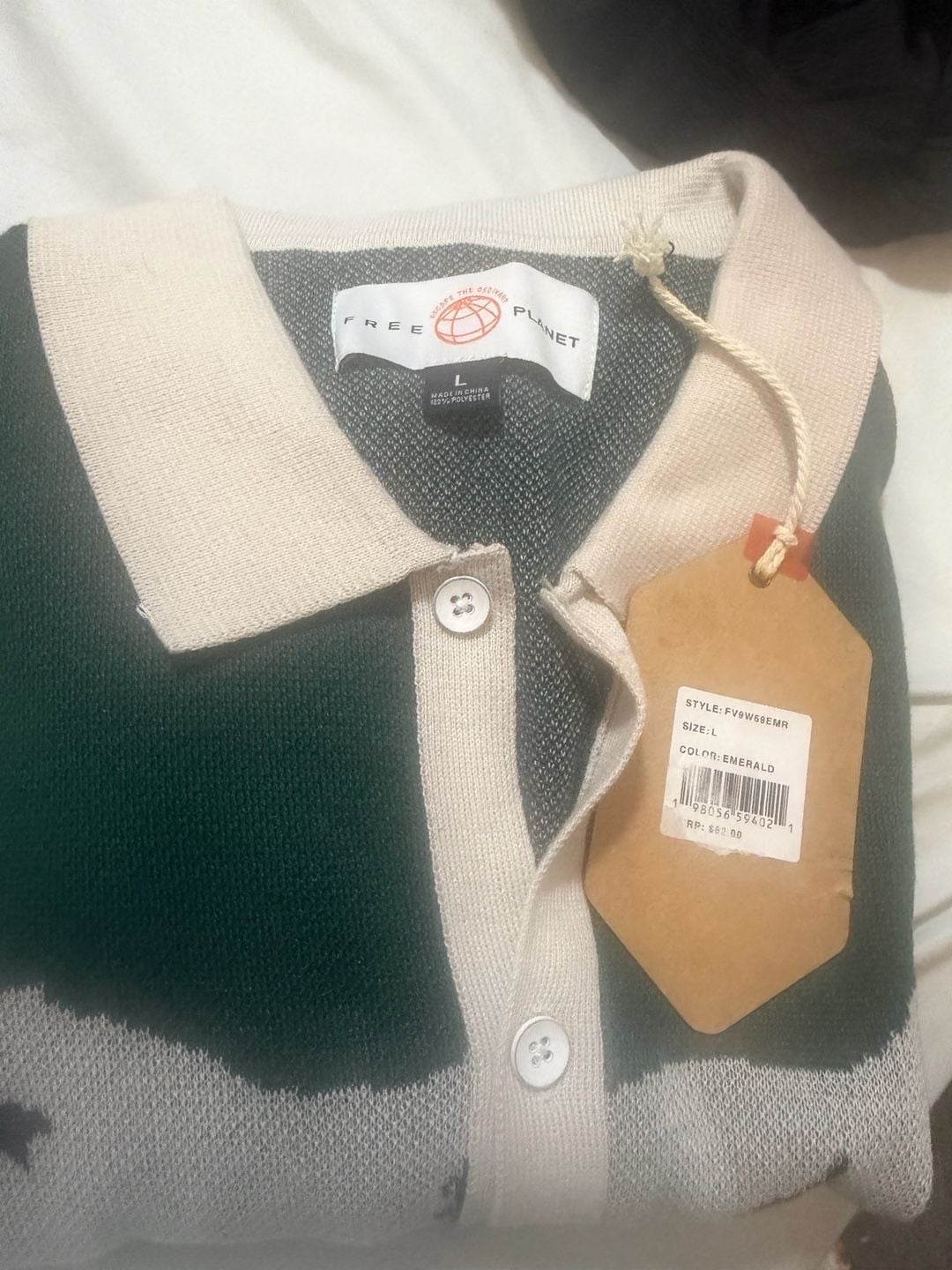 NWT Knit Palm Tree Print Short Sleeve Polo Shirt Green Cream 8