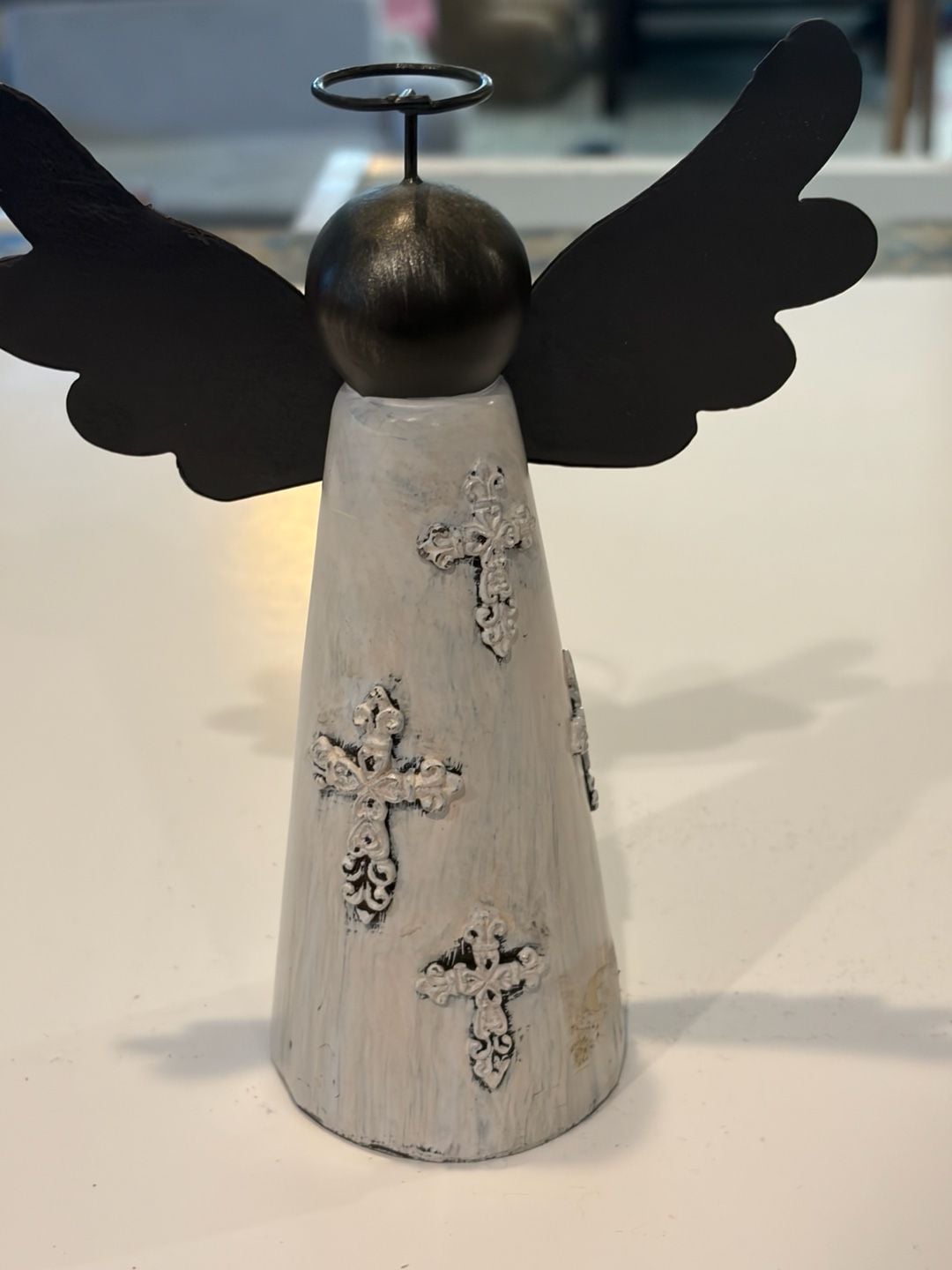 Rustic Metal and Wood Angel Figurine with Crosses 3