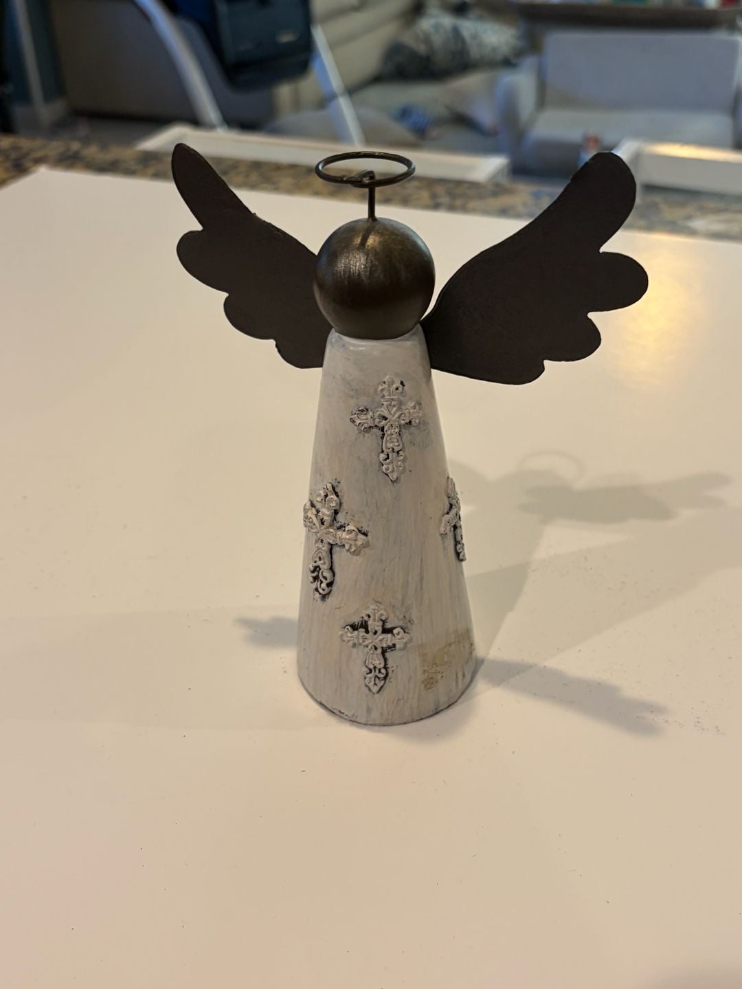 Rustic Metal and Wood Angel Figurine with Crosses 4