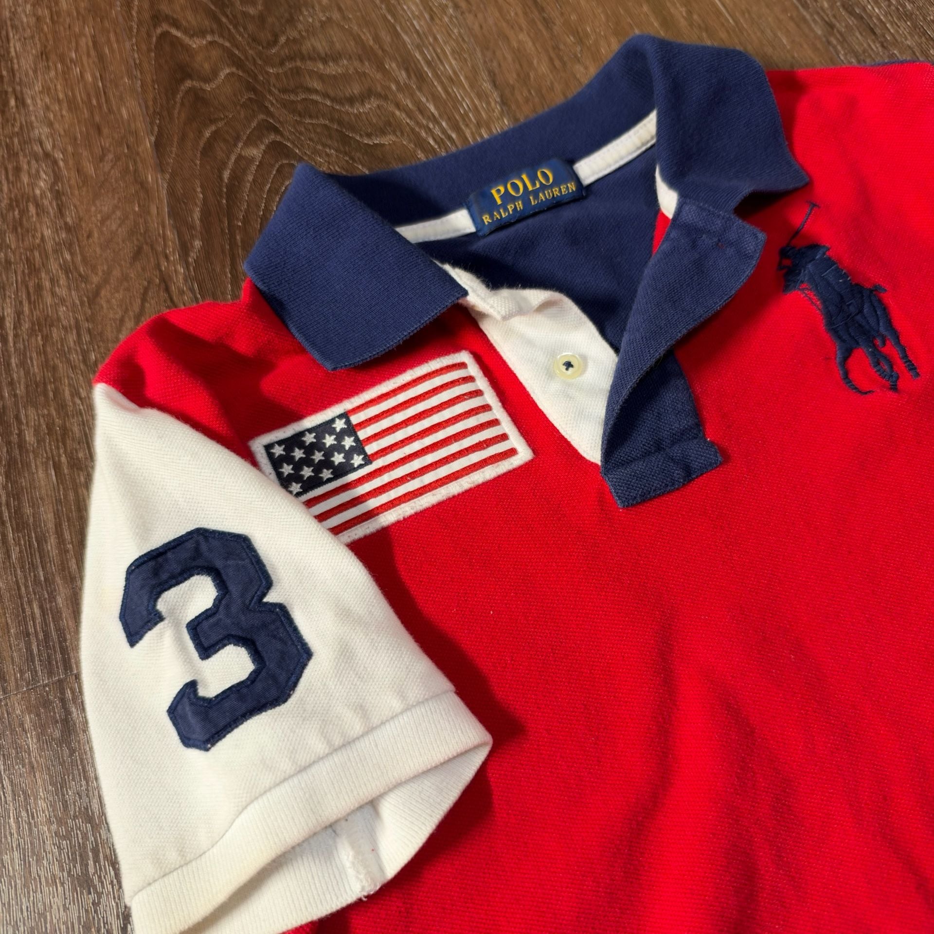 Polo Ralph Lauren US Flag Polo Shirt Red White Blue Kids Small 7