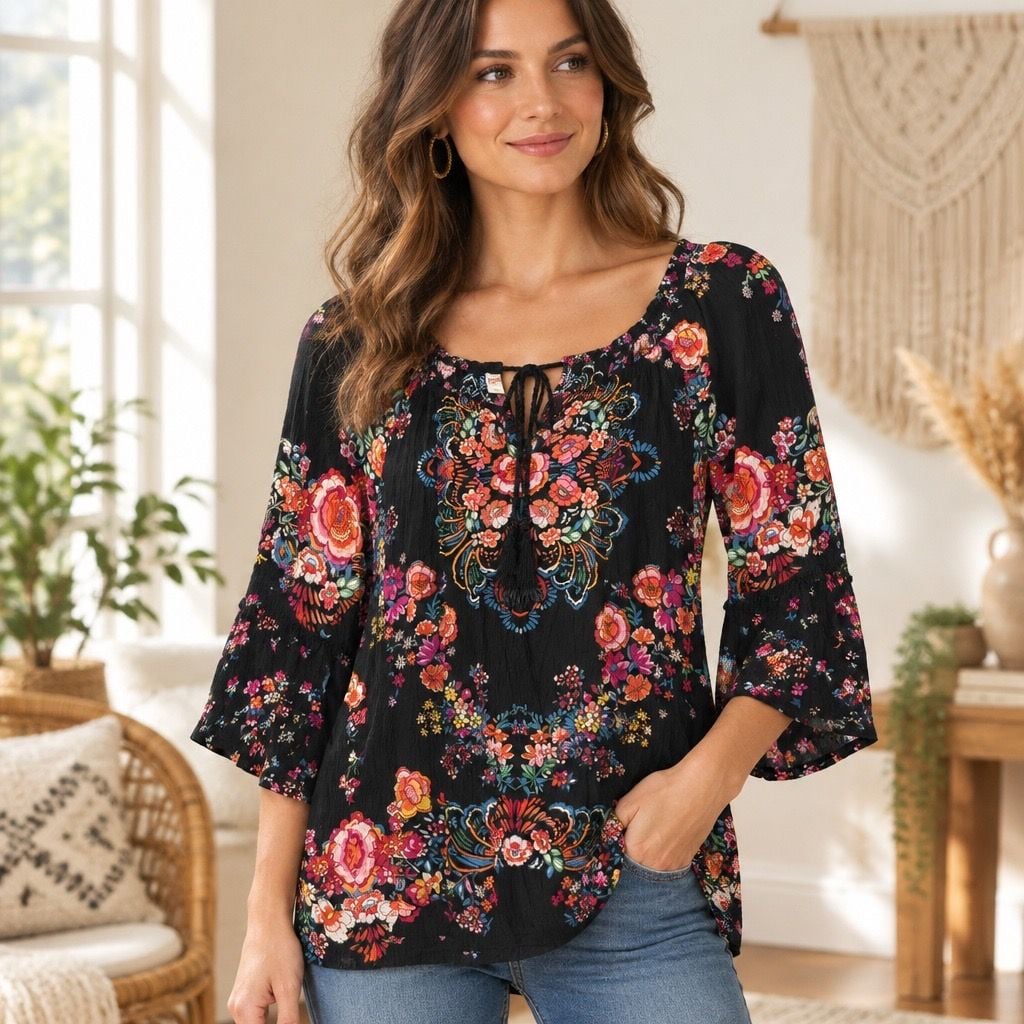 Bila Bohemian Floral Peasant Blouse Size L Black Tassel Rayon 2