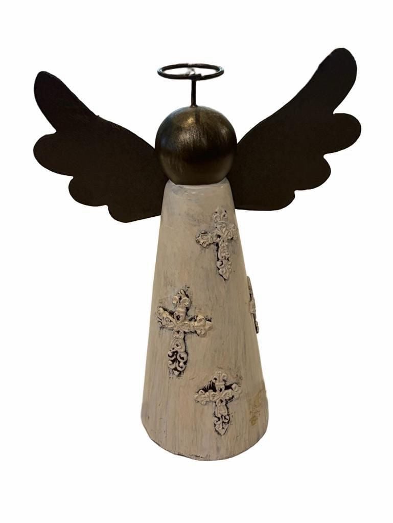 Rustic Metal and Wood Angel Figurine with Crosses 1