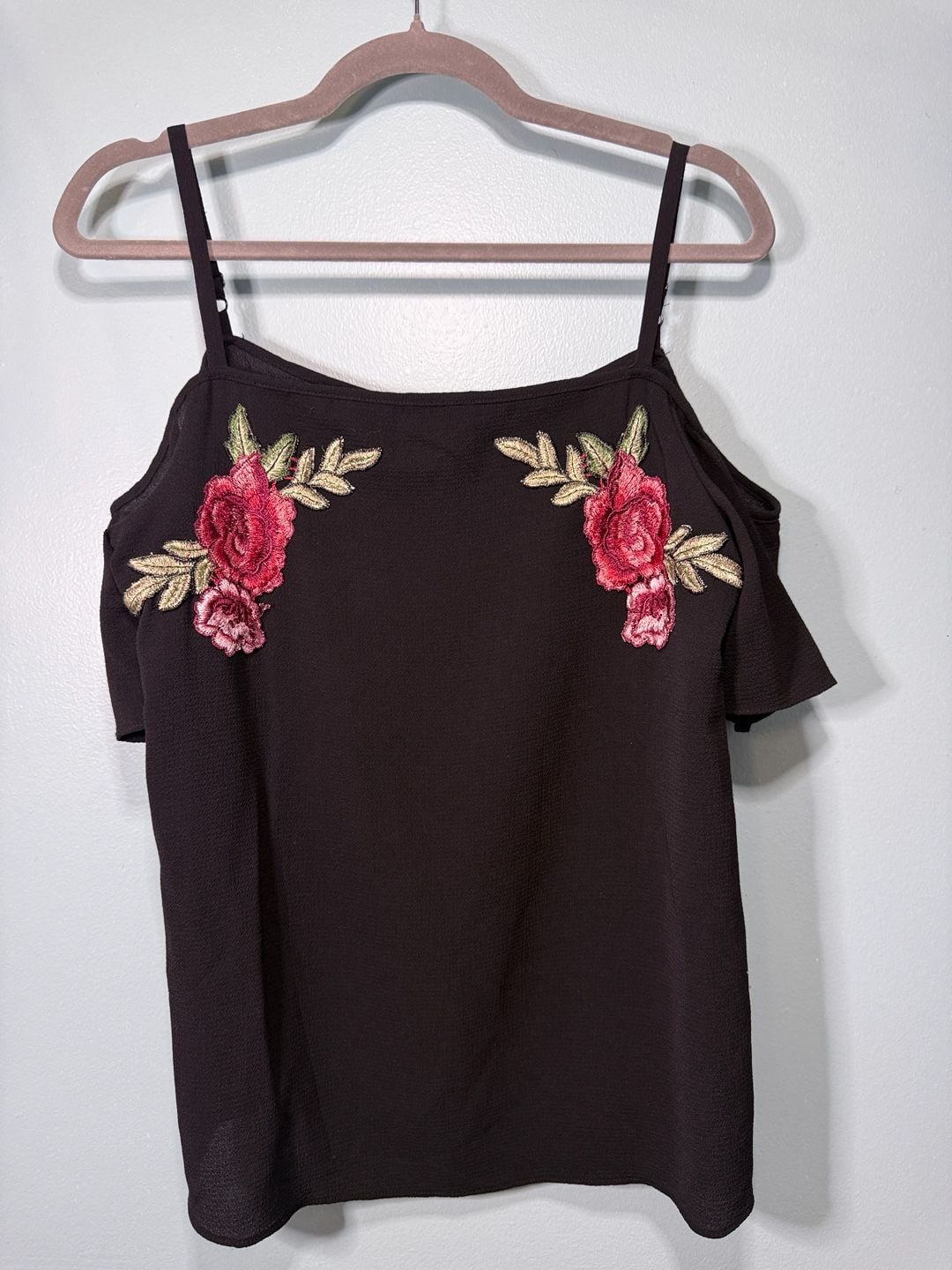 Black Cold Shoulder Embroidered Floral Top 6