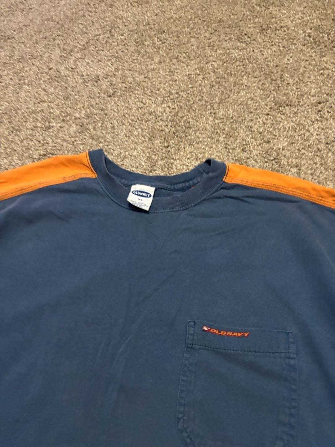 1990s Early 2000s Faded Old Navy Pocket T-Shirt Size XL Blue Orange Contrast Ringer 5