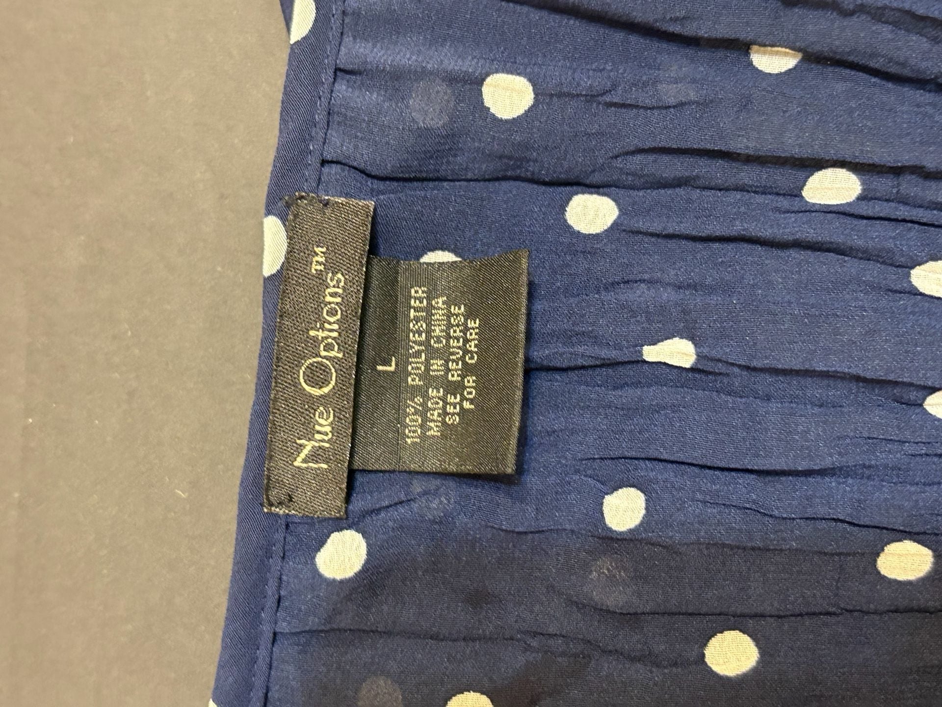 Nue Options Blouse Size L Blue White Polka Dot Ruffle Pleated 3