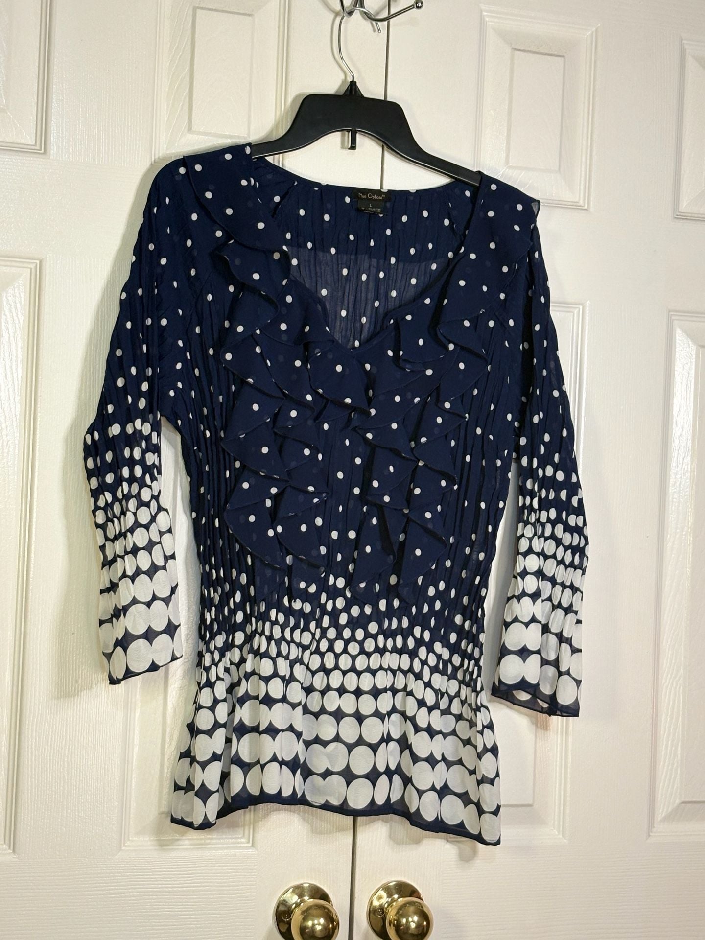 Nue Options Blouse Size L Blue White Polka Dot Ruffle Pleated 4