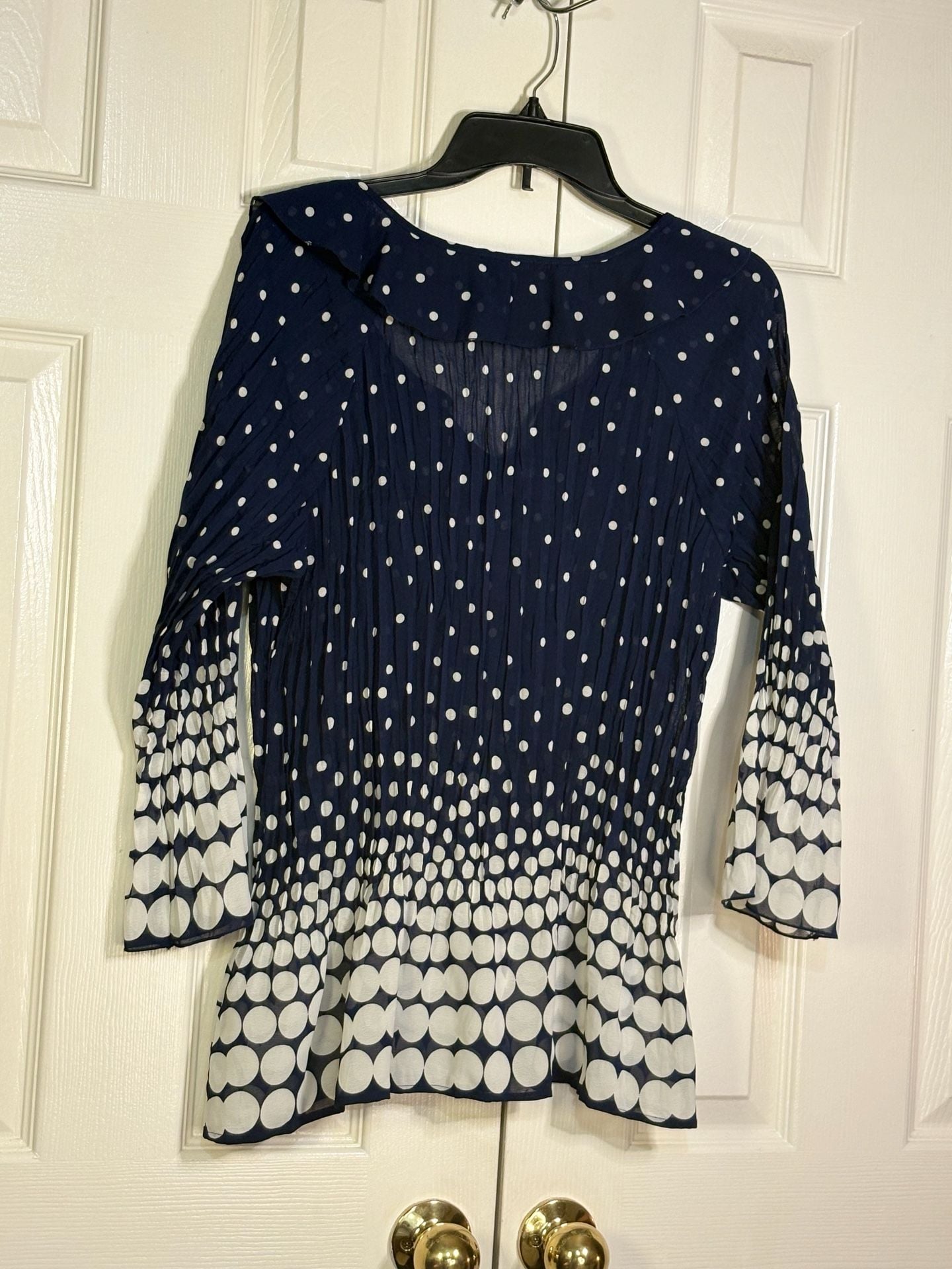 Nue Options Blouse Size L Blue White Polka Dot Ruffle Pleated 5