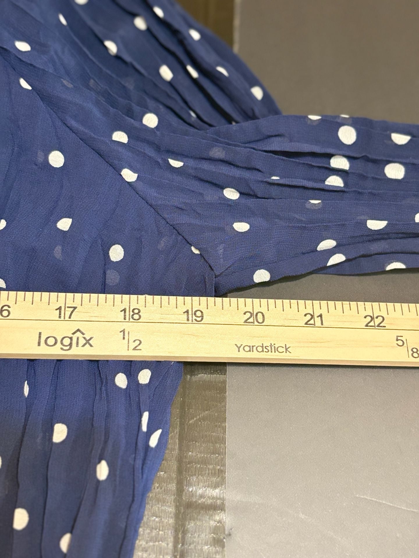 Nue Options Blouse Size L Blue White Polka Dot Ruffle Pleated 6