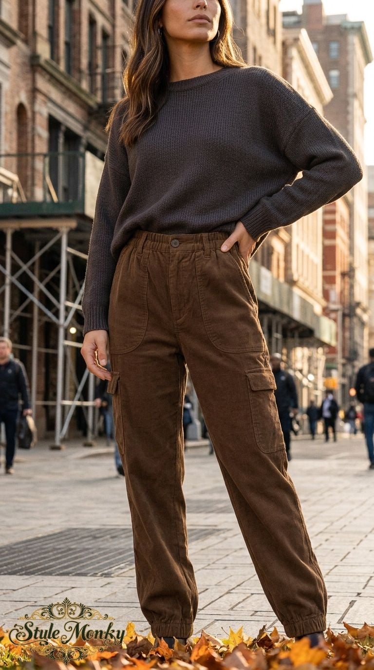 Vintage Corduroy Cargo Pants 28x32 Brown High Waist Cuffed Hems 2