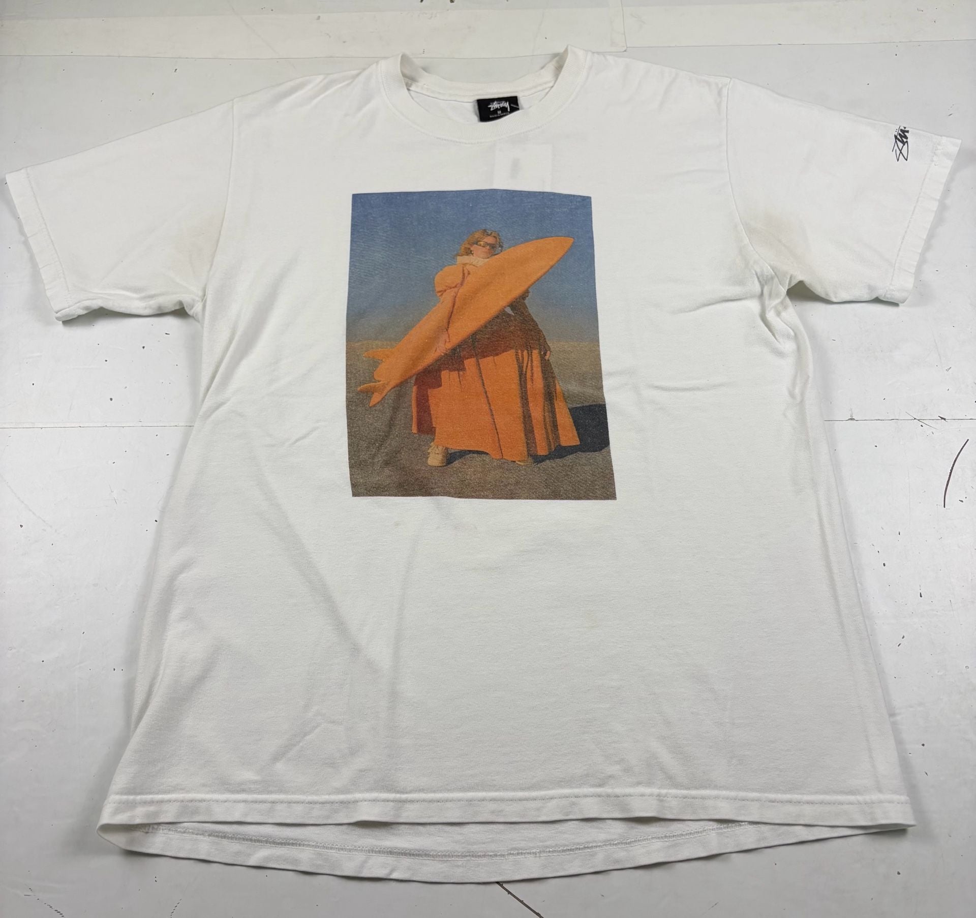 Stussy Graphic Photo T-Shirt White Surfboard Orange Dress Size M (OF) *light staining 2