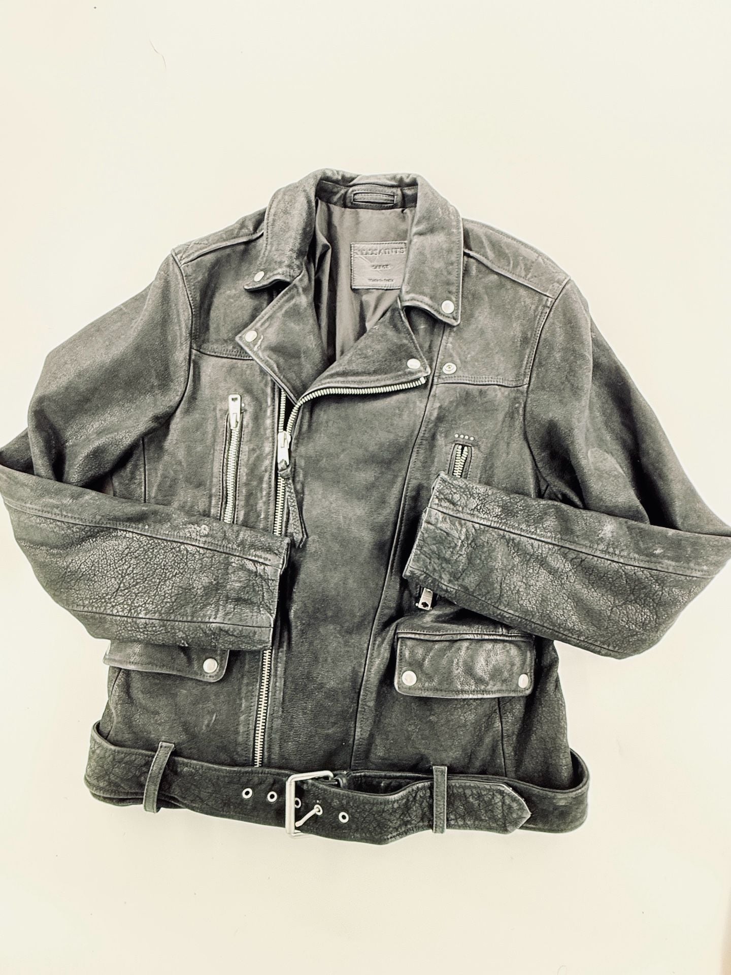 AllSaints Leather Biker Jacket Size Large Black Motorcycle Moto 1