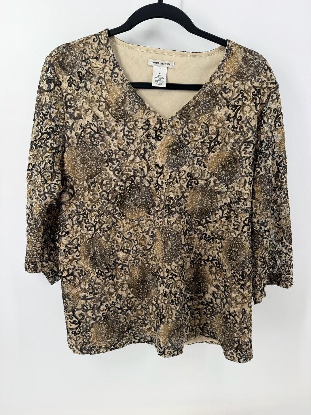 Laura Ashley XL Burnout Velvet Mesh Top Gold Sparkle Sheer Sleeve Y2K Boho 2