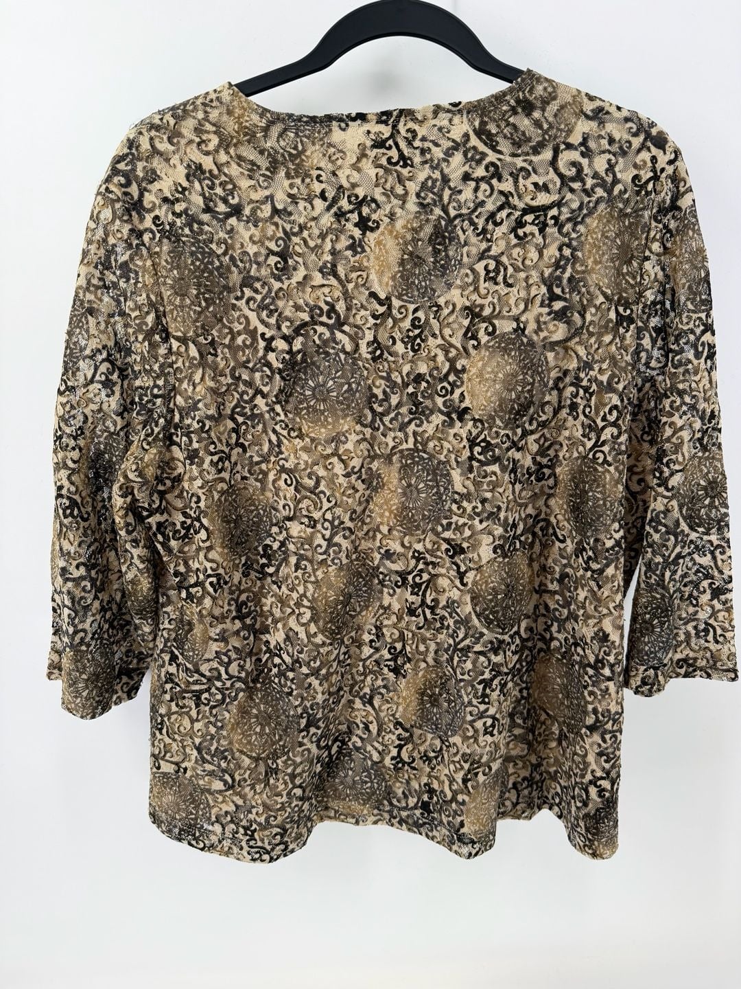 Laura Ashley XL Burnout Velvet Mesh Top Gold Sparkle Sheer Sleeve Y2K Boho 3