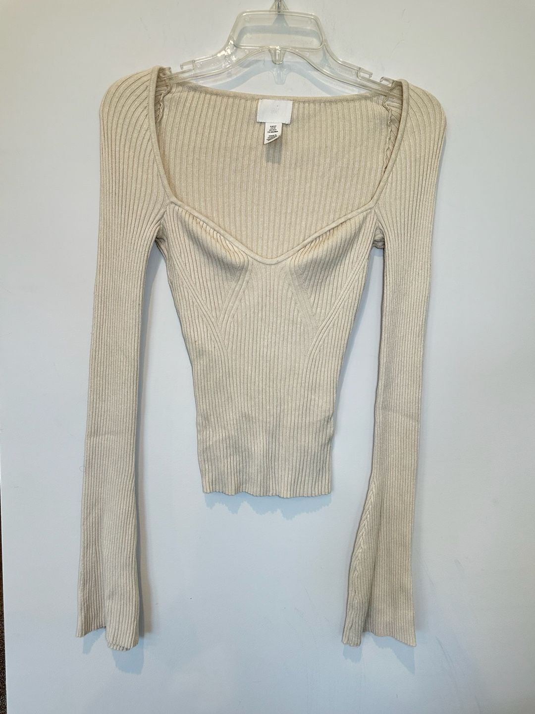 H&M Ribbed Long Sleeve Top Size XS Beige Sweetheart Neck Fitted 2