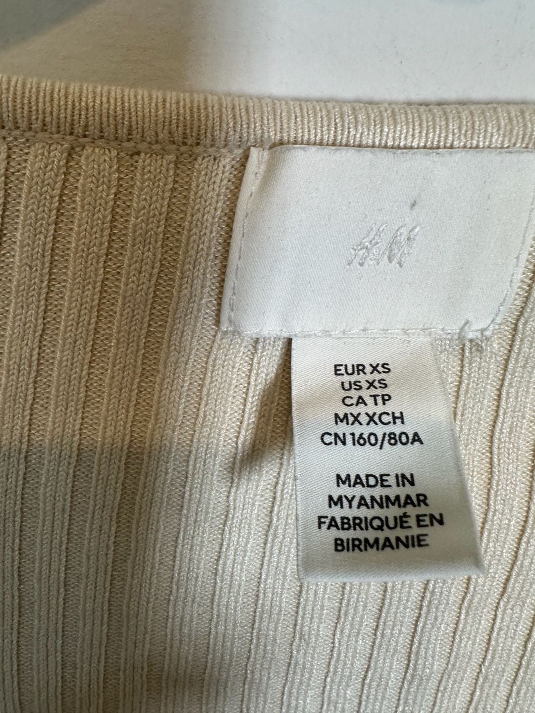 H&M Ribbed Long Sleeve Top Size XS Beige Sweetheart Neck Fitted 3