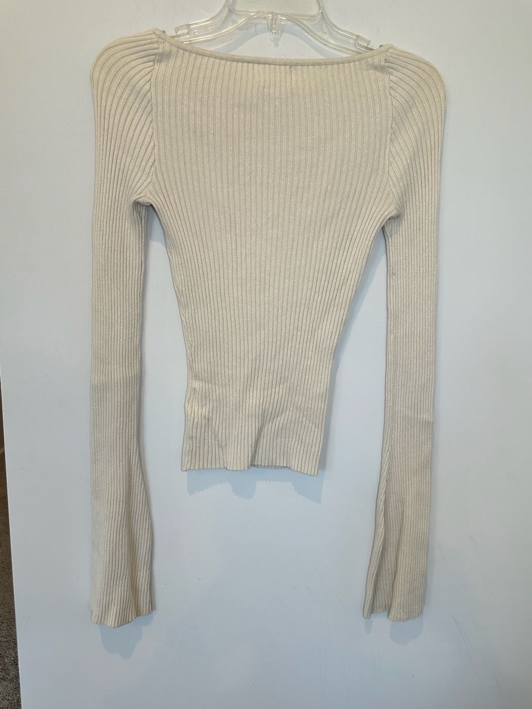 H&M Ribbed Long Sleeve Top Size XS Beige Sweetheart Neck Fitted 4