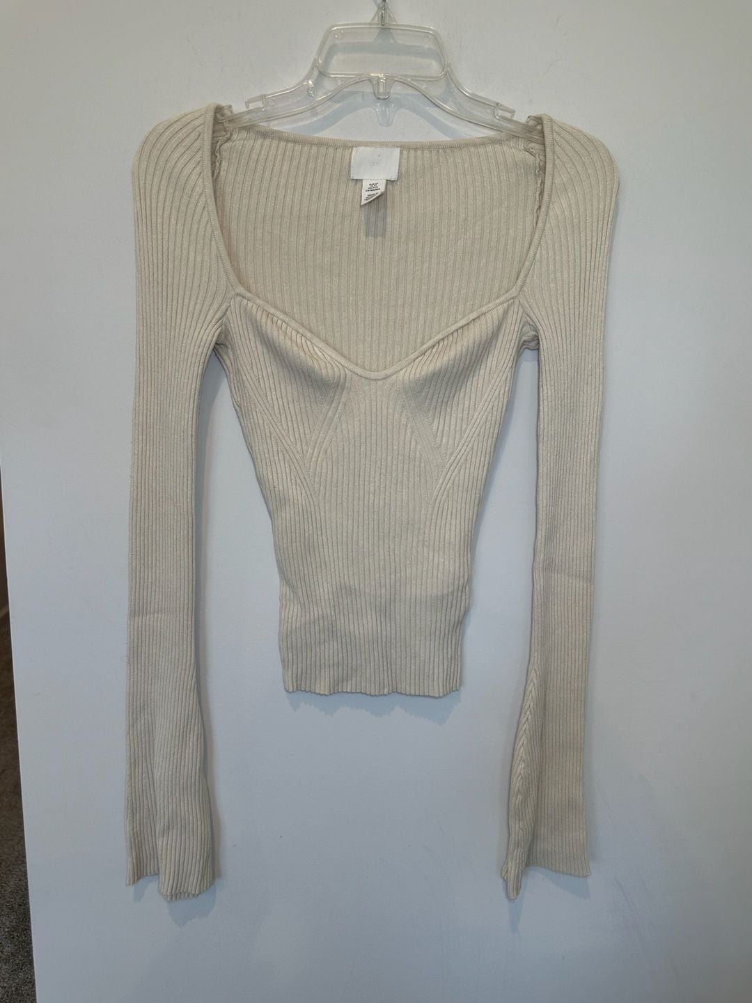 H&M Ribbed Long Sleeve Top Size XS Beige Sweetheart Neck Fitted 5