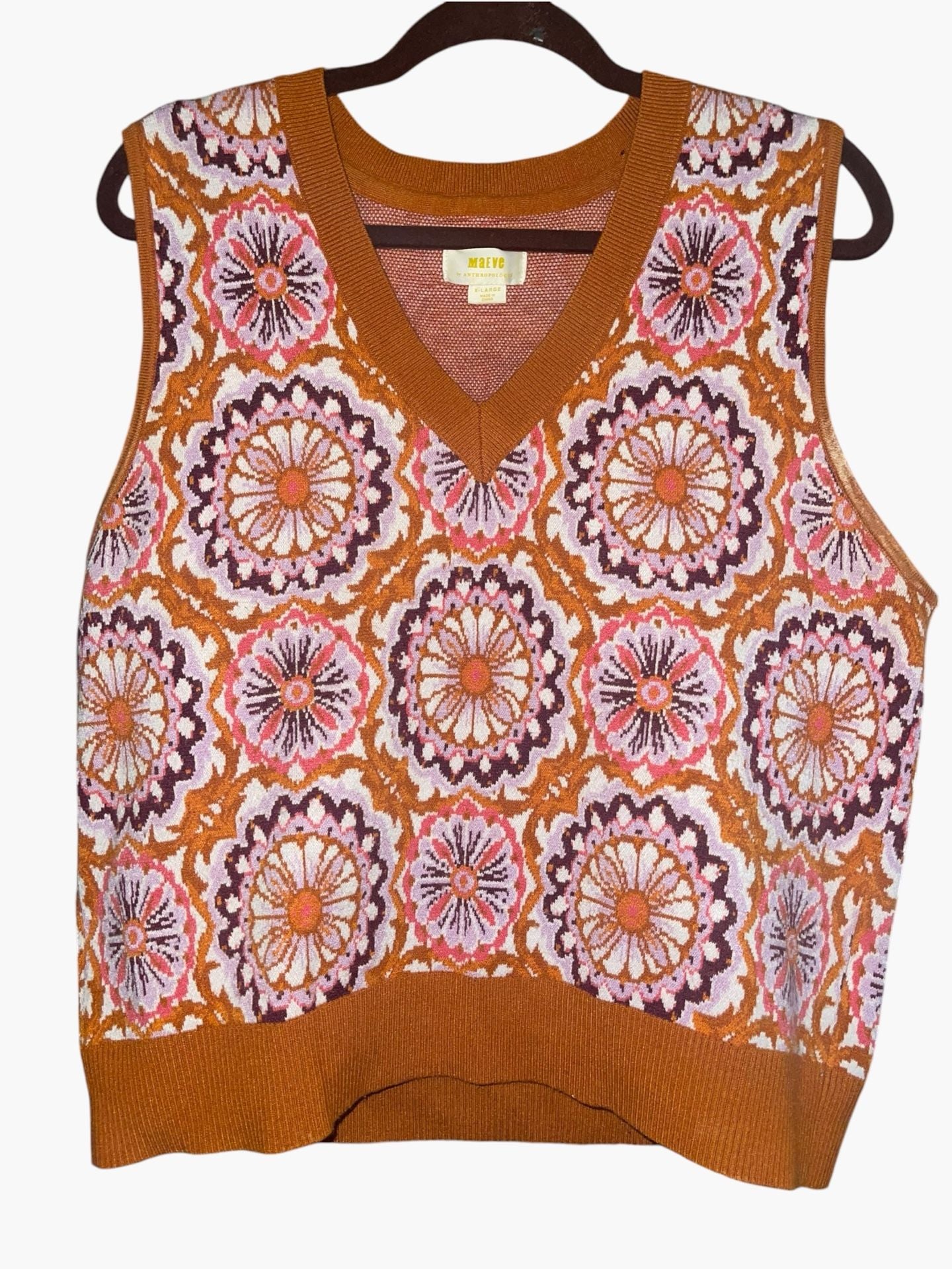 Maeve Anthropologie Floral Jacquard Sweater Vest XL Retro Boho 70s Fall 3