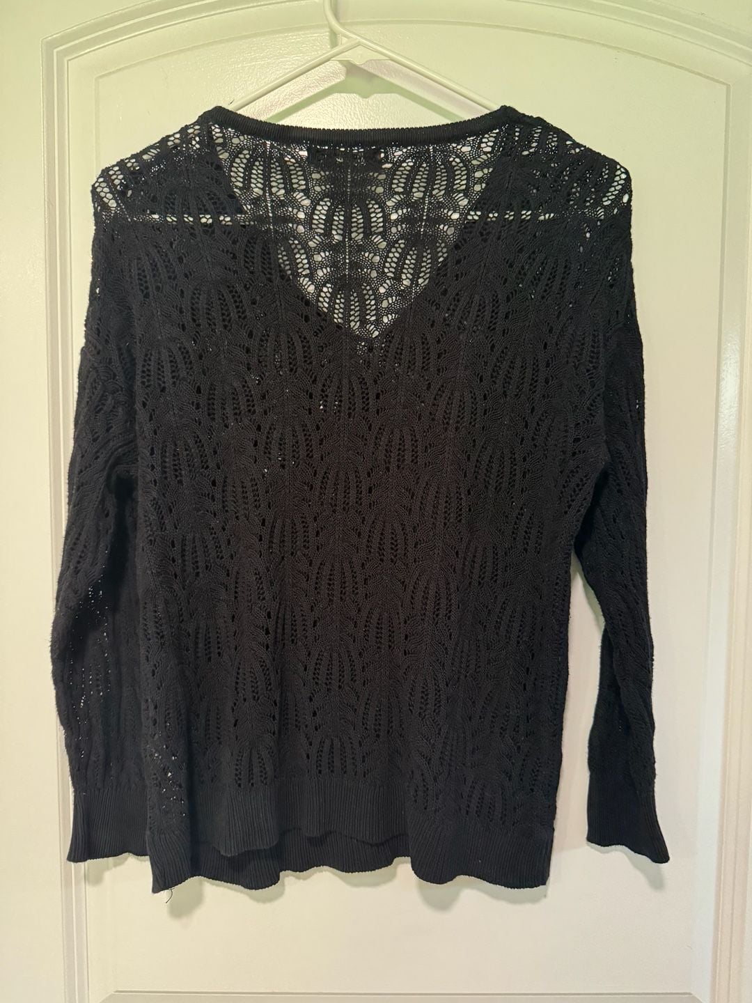 Black Open Knit Crochet Sweater V Neck Boho Coastal Layering Top Size 14-16 3