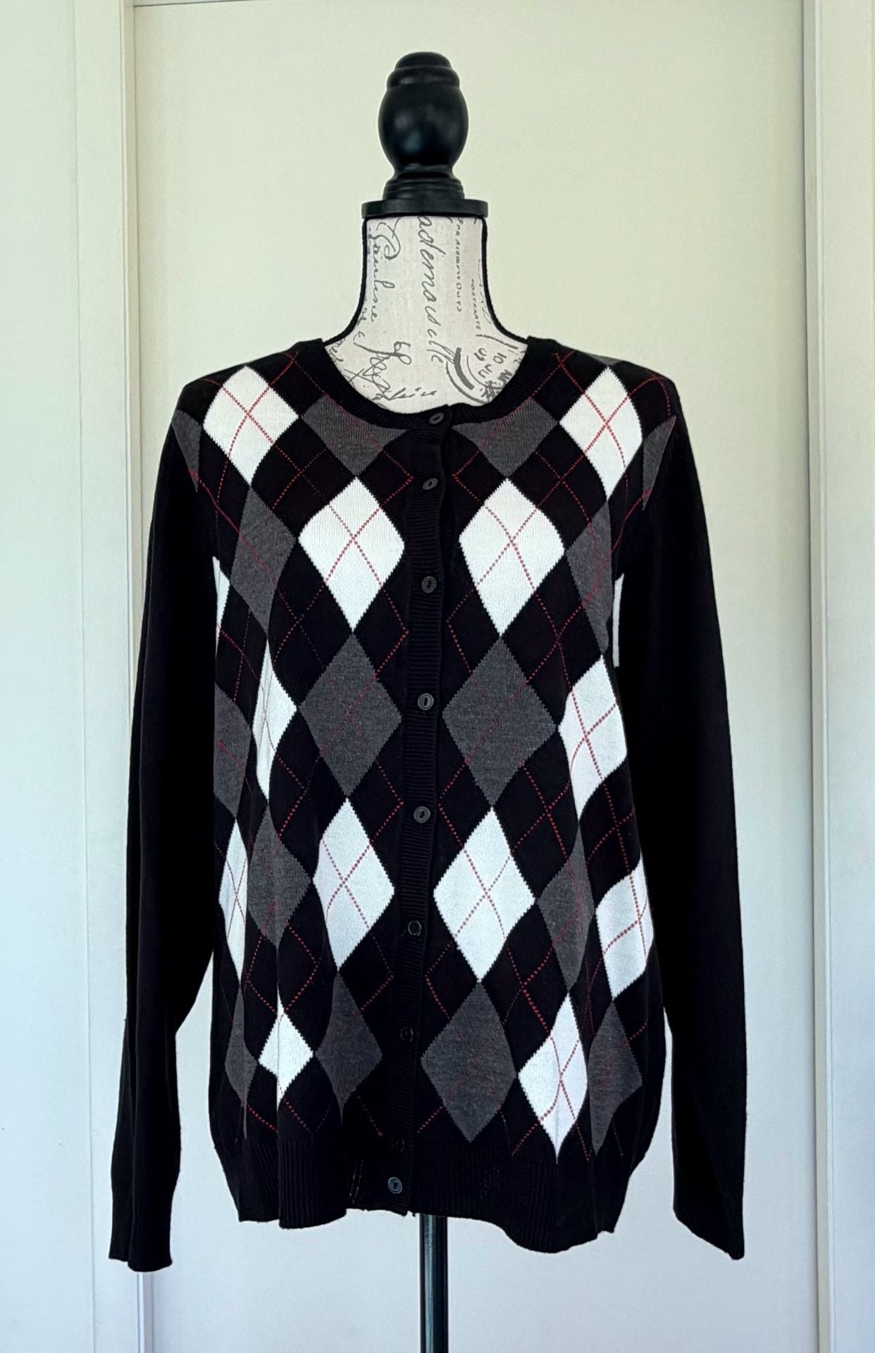 Croft & Barrow Argyle Cardigan Sweater Black White Gray Size Large 2