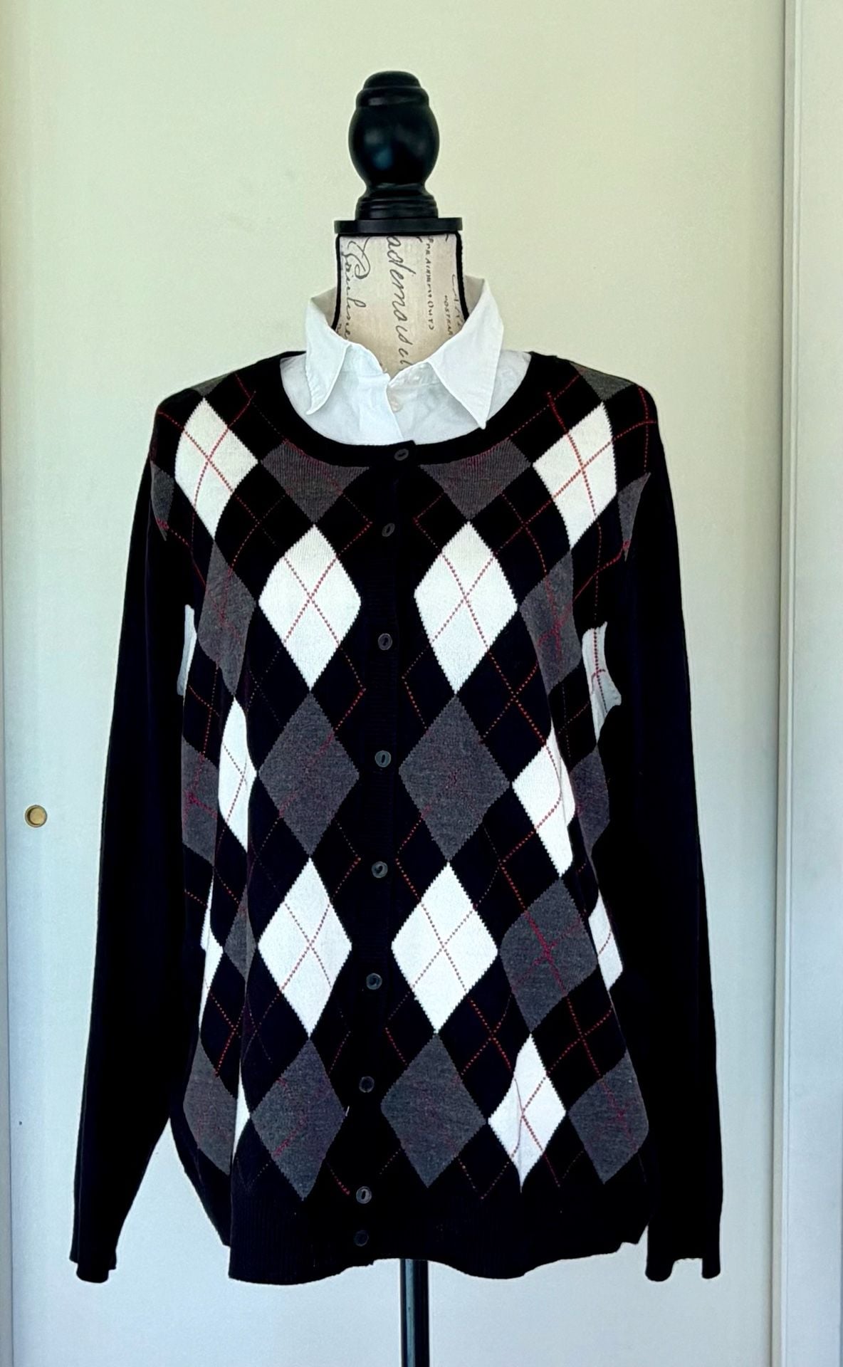 Croft & Barrow Argyle Cardigan Sweater Black White Gray Size Large 6