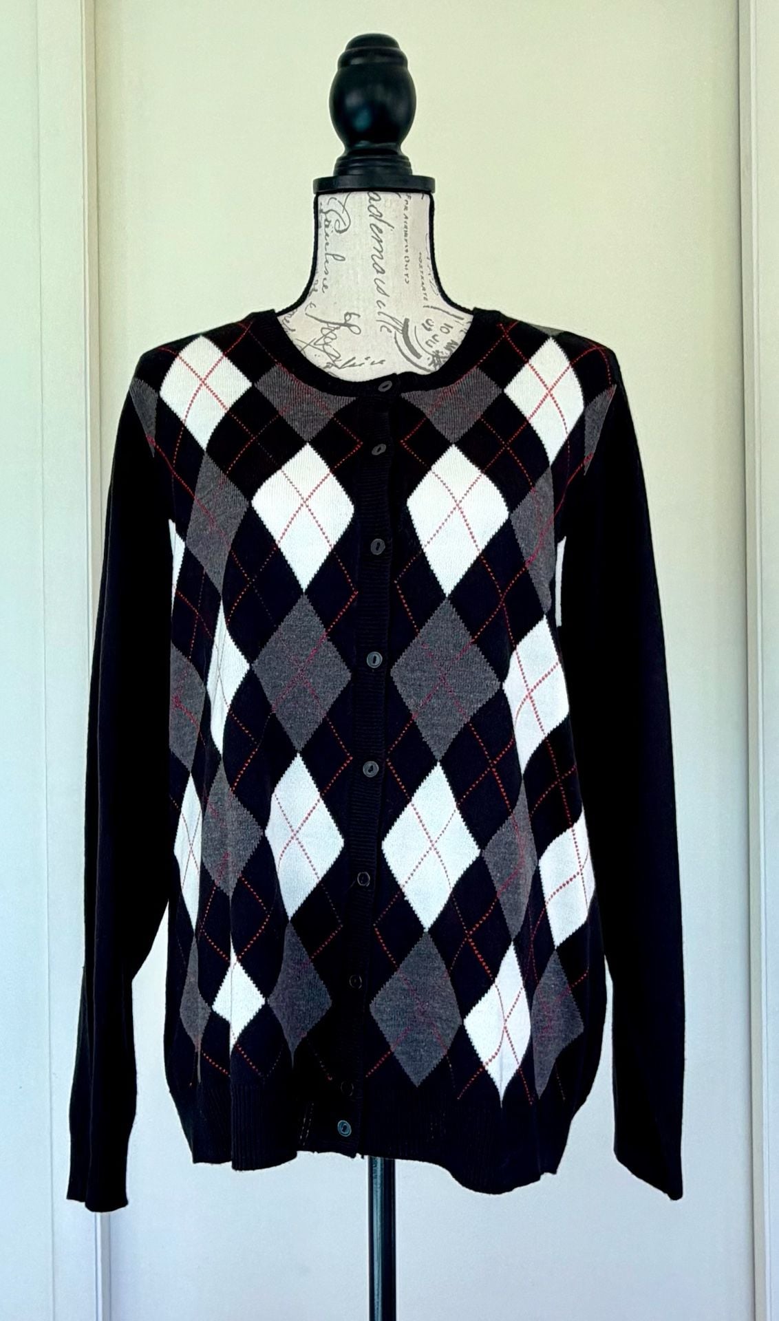 Croft & Barrow Argyle Cardigan Sweater Black White Gray Size Large 9
