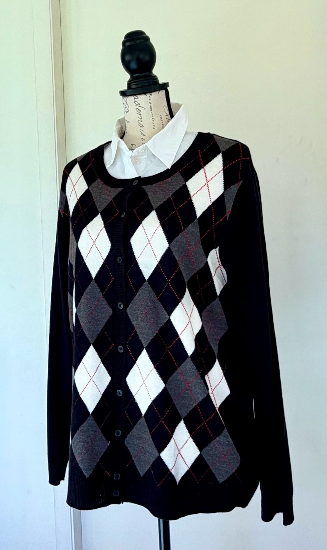 Croft & Barrow Argyle Cardigan Sweater Black White Gray Size Large 11